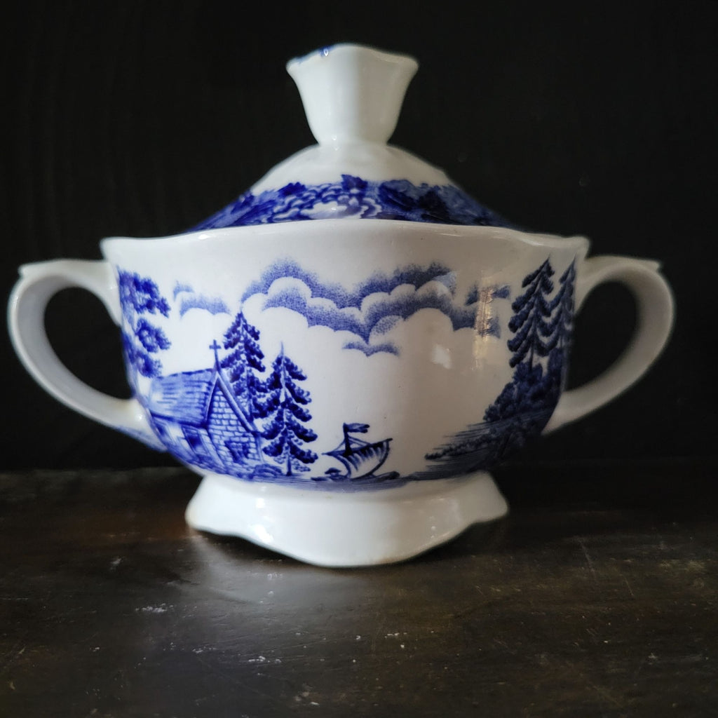 Vtg Landscape Blue By Arabia Of Finland Blue & White Sugar Bowl Dual Handles