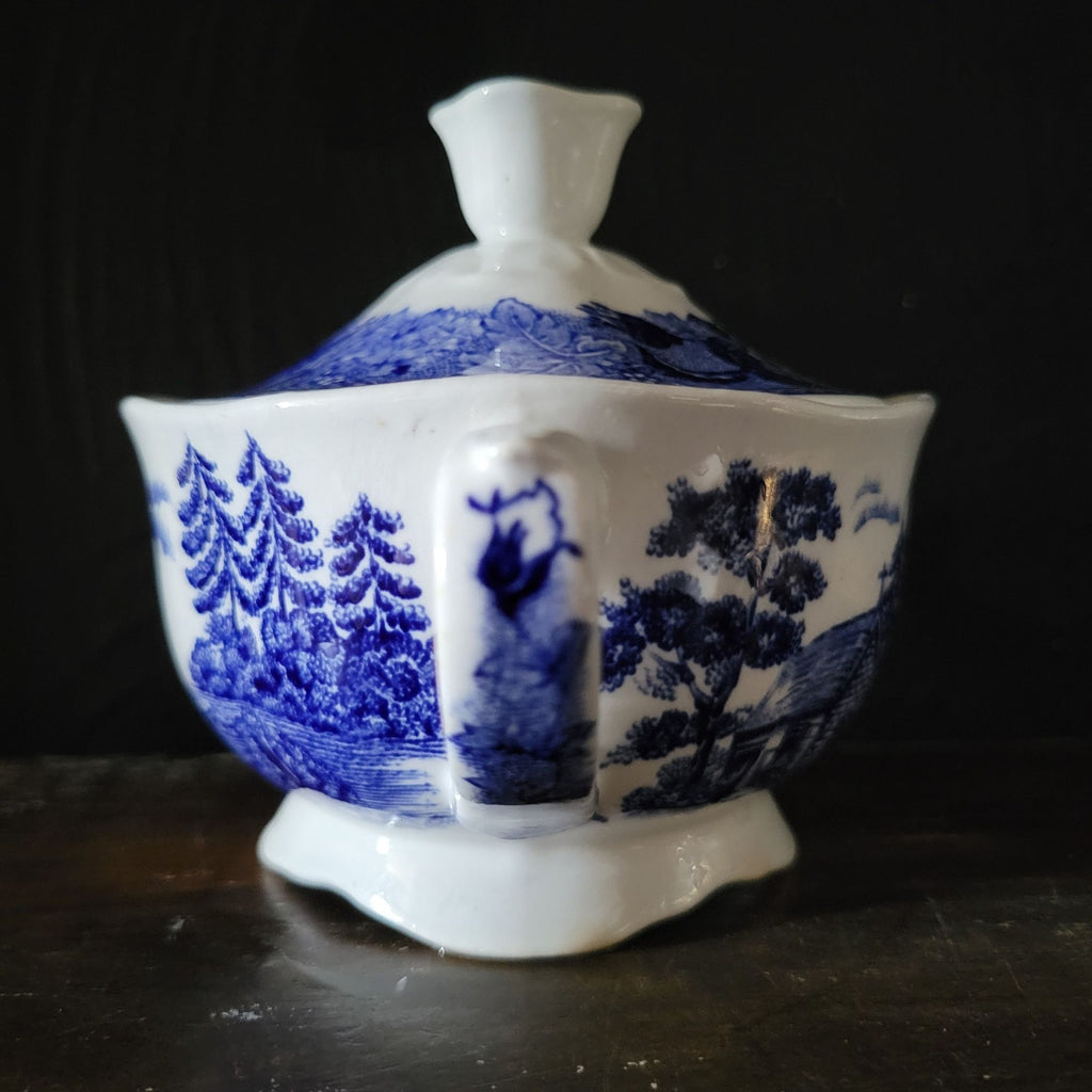 Vtg Landscape Blue By Arabia Of Finland Blue & White Sugar Bowl Dual Handles