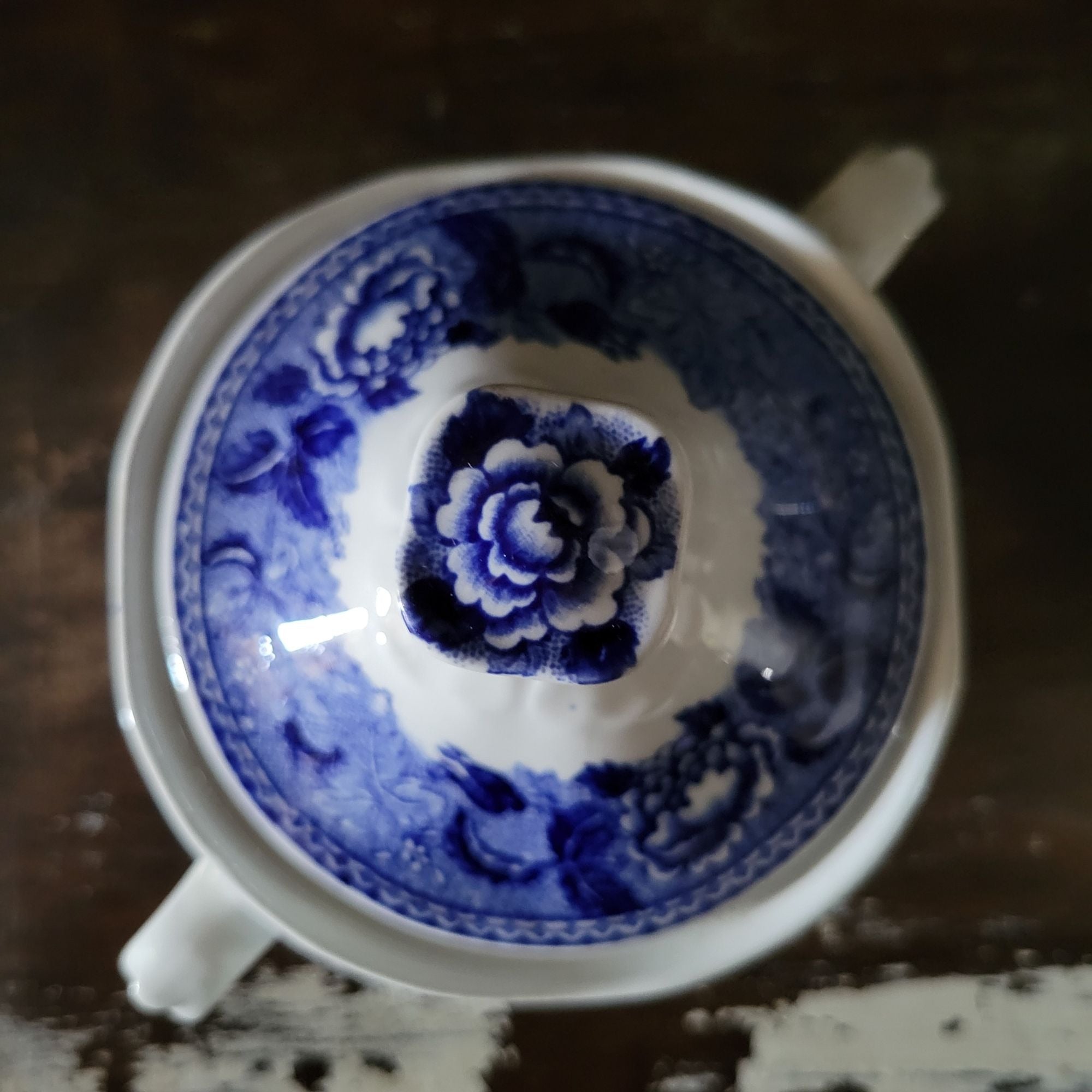Vtg Landscape Blue By Arabia Of Finland Blue & White Sugar Bowl Dual Handles