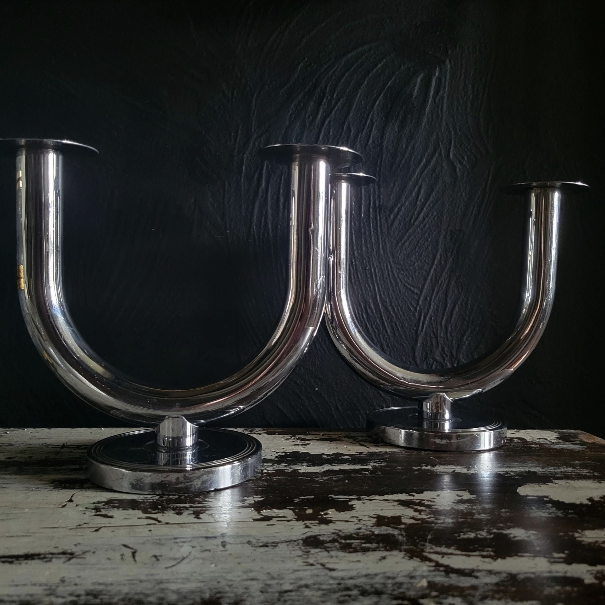 Pair of 1930s Art Deco Chase By Walter Von Nessen Taurex U-Shaped Candle Holders
