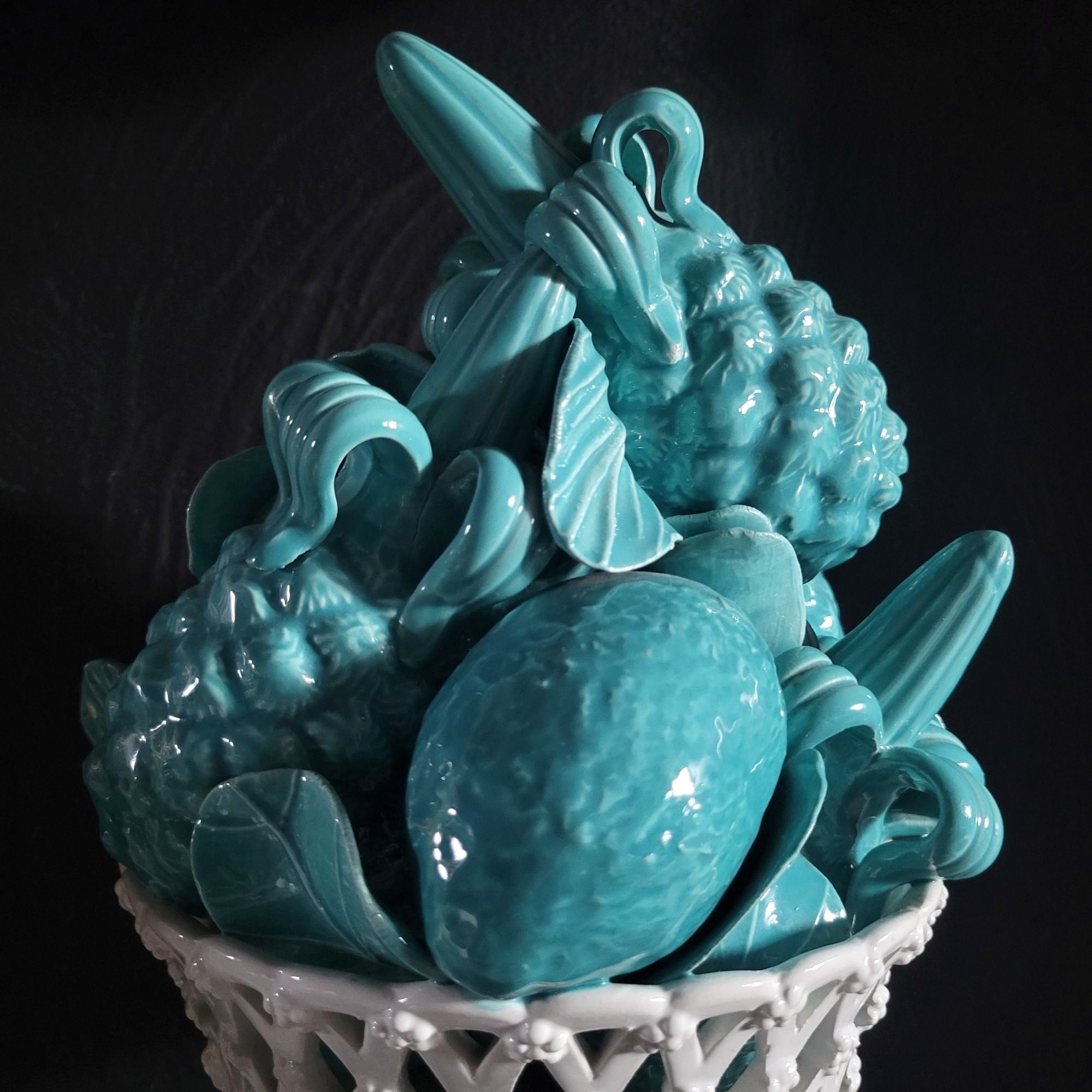 Vintage Blue Ceramic Fruit Topiary Pedestal Bowl Centerpiece With Made in Italy