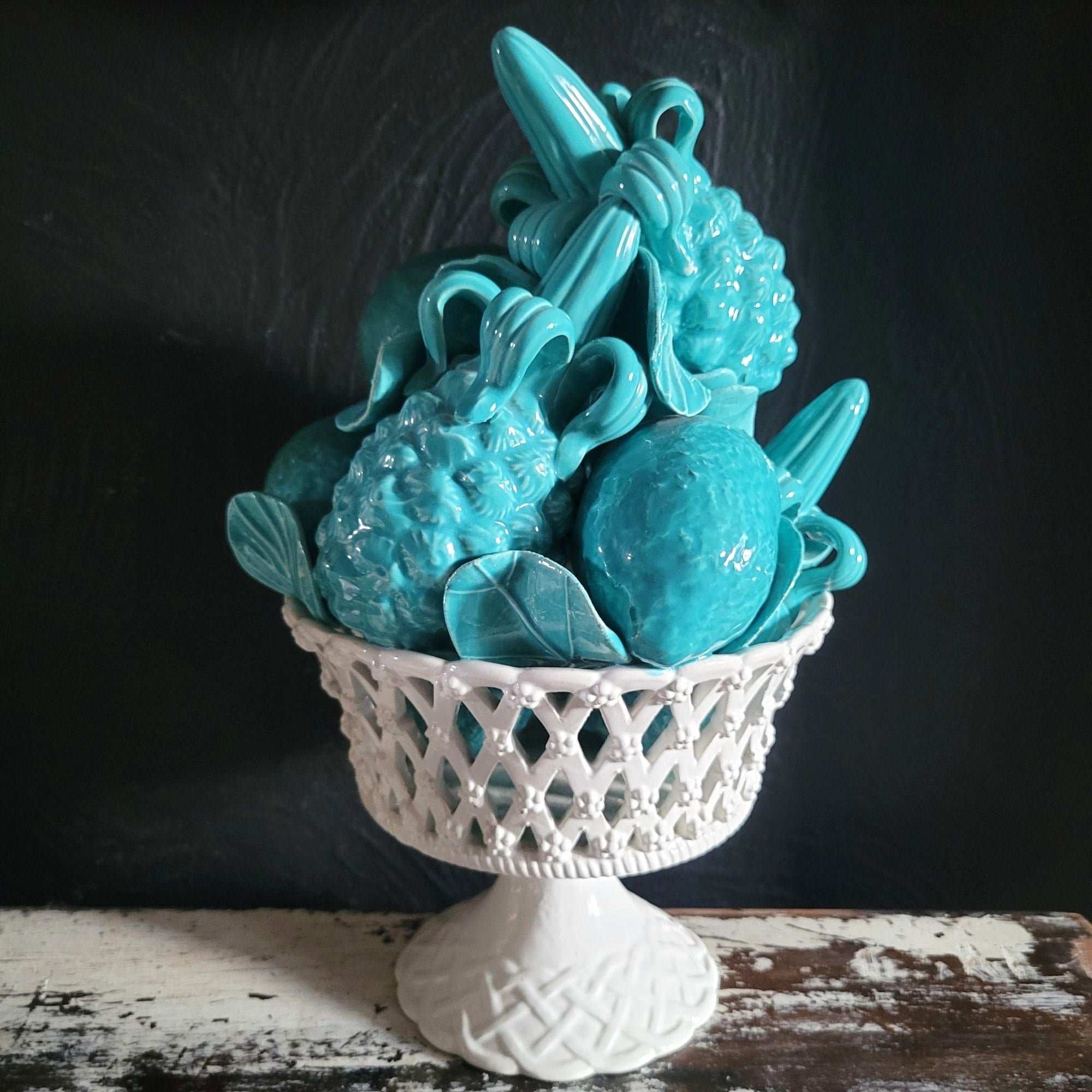 Vintage Blue Ceramic Fruit Topiary Pedestal Bowl Centerpiece With Made in Italy