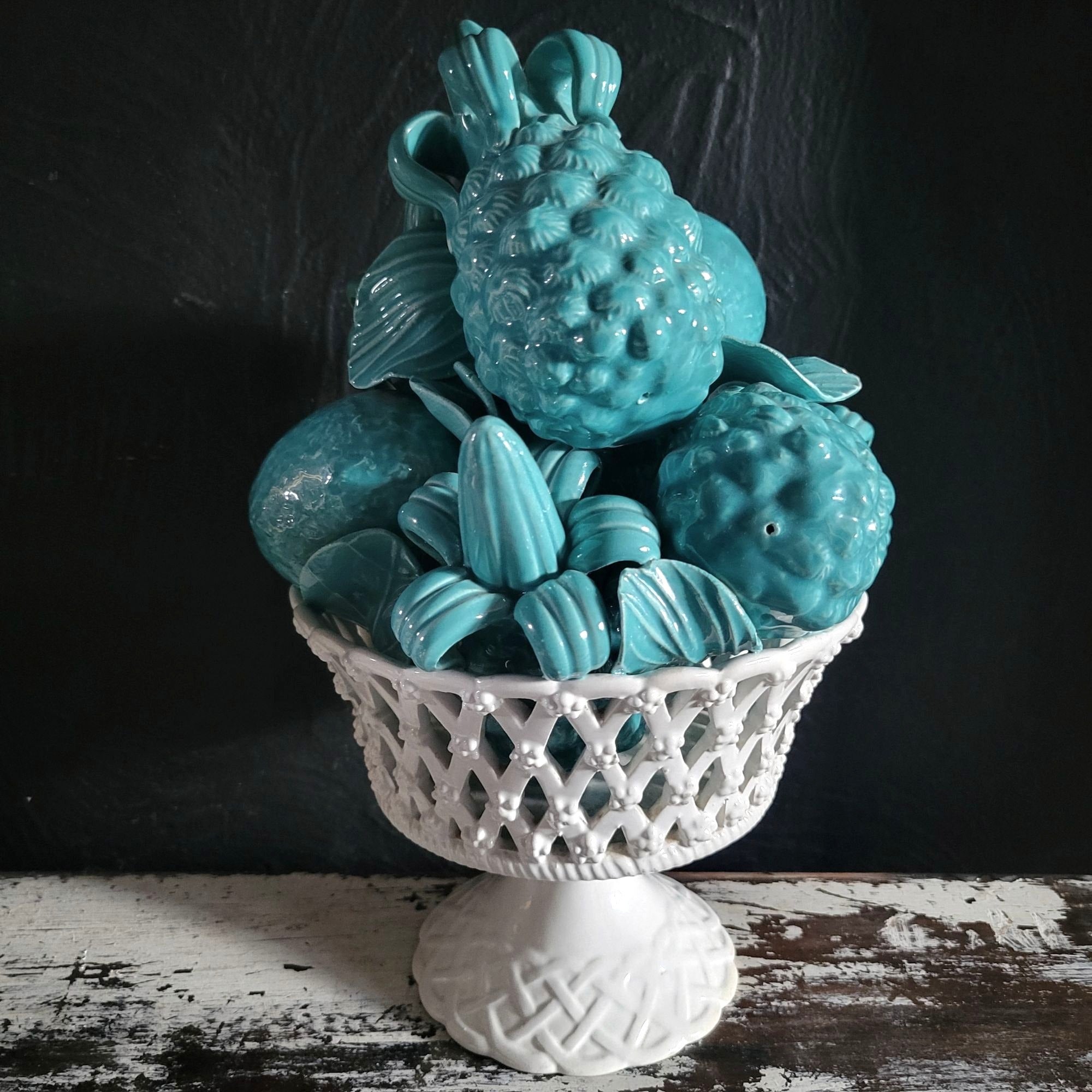Vintage Blue Ceramic Fruit Topiary Pedestal Bowl Centerpiece With Made in Italy