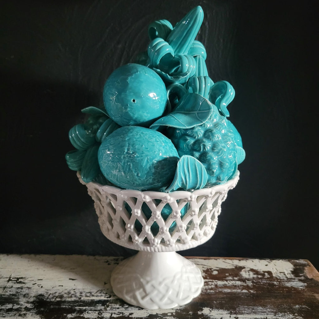 Vintage Blue Ceramic Fruit Topiary Pedestal Bowl Centerpiece With Made in Italy