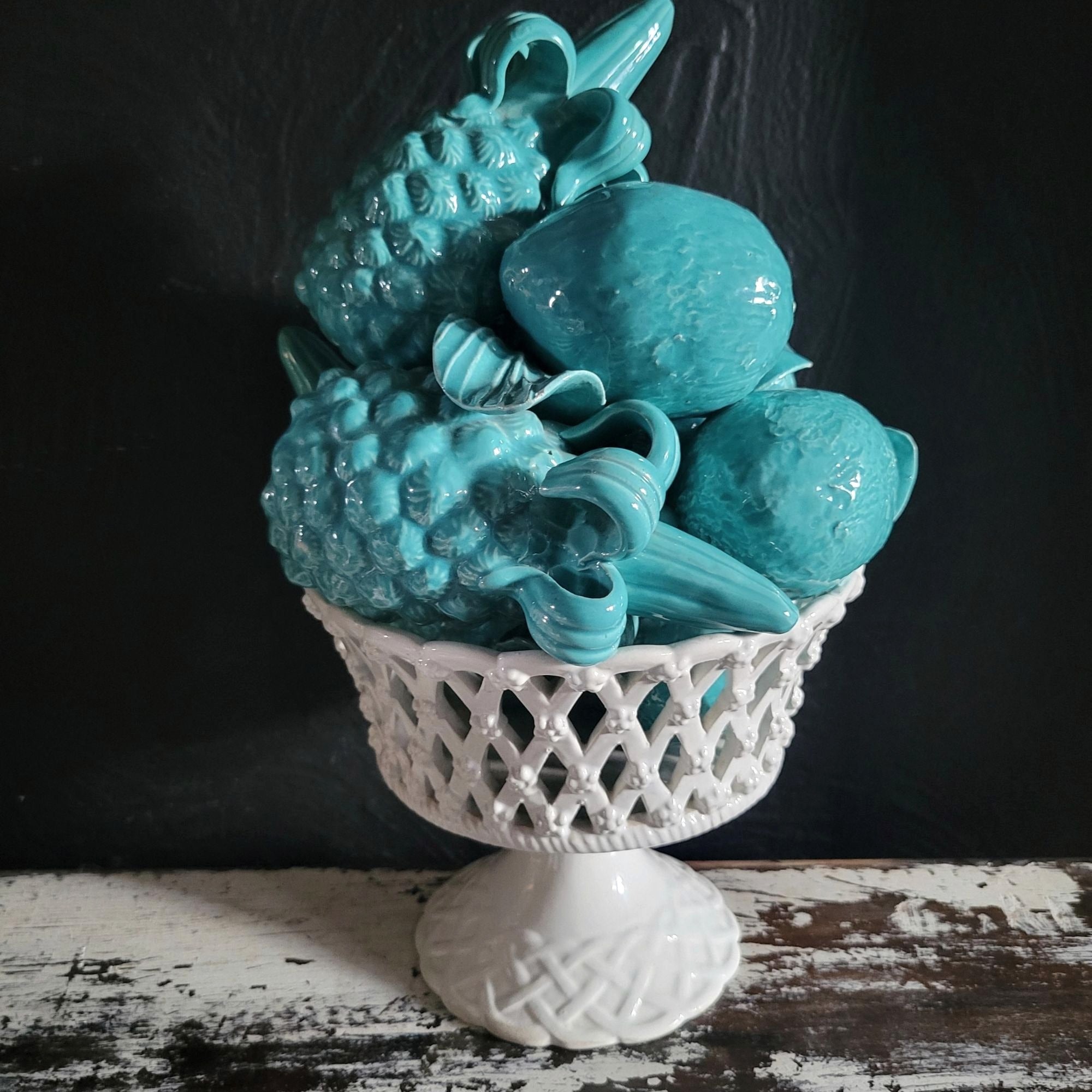 Vintage Blue Ceramic Fruit Topiary Pedestal Bowl Centerpiece With Made in Italy