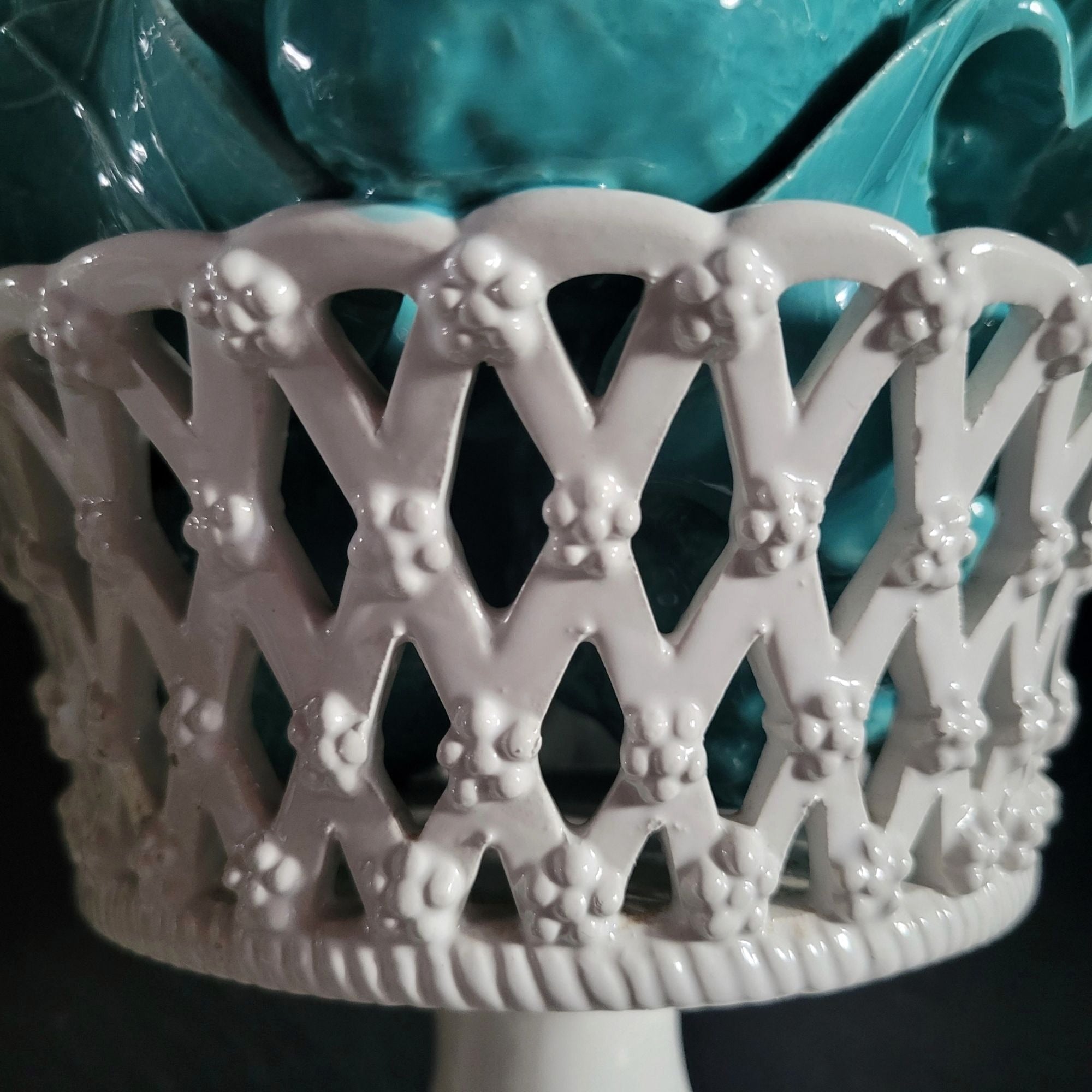 Vintage Blue Ceramic Fruit Topiary Pedestal Bowl Centerpiece With Made in Italy