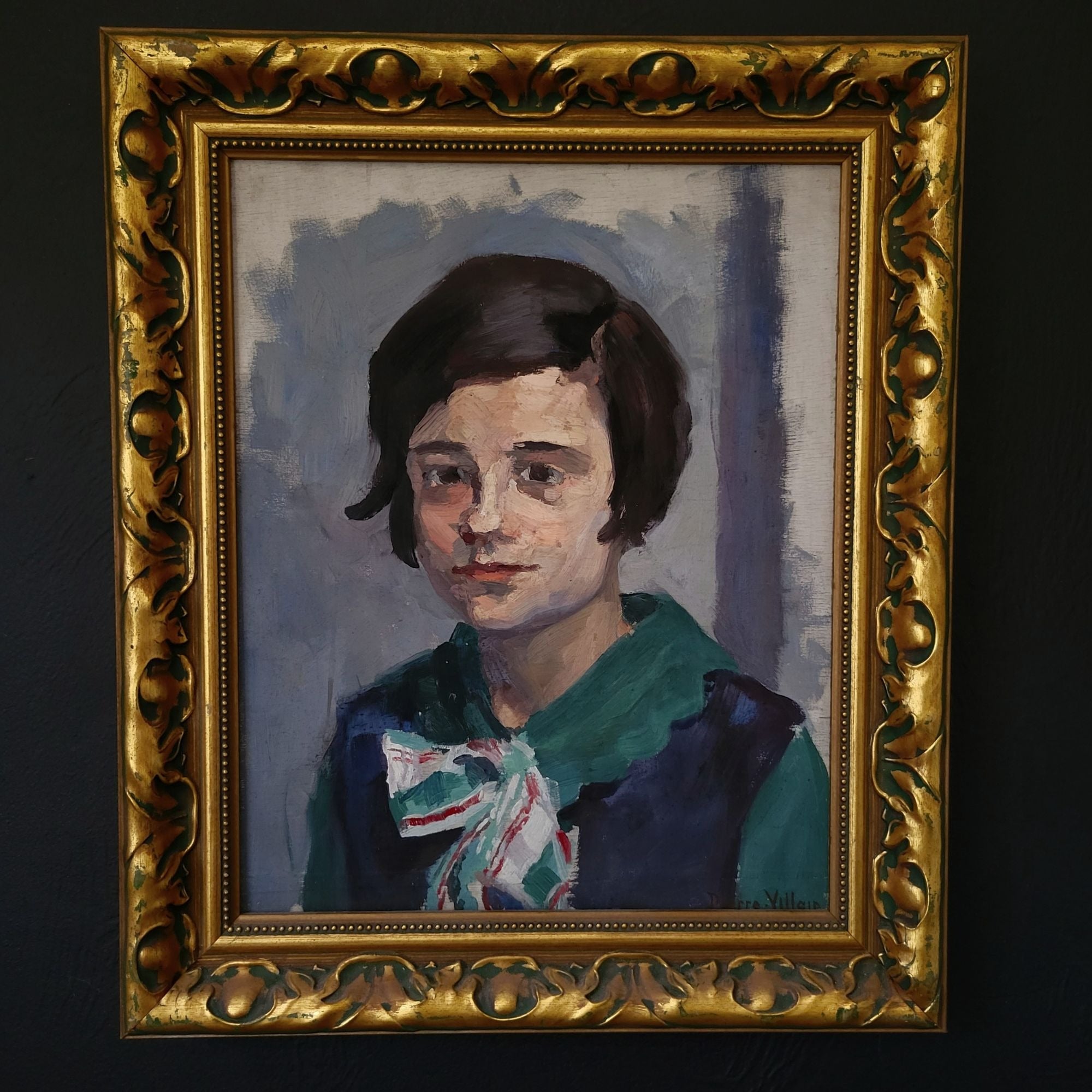 Vtg Pierre Villain Painted Portrait of French Girl, Signed Oil Painting on Board