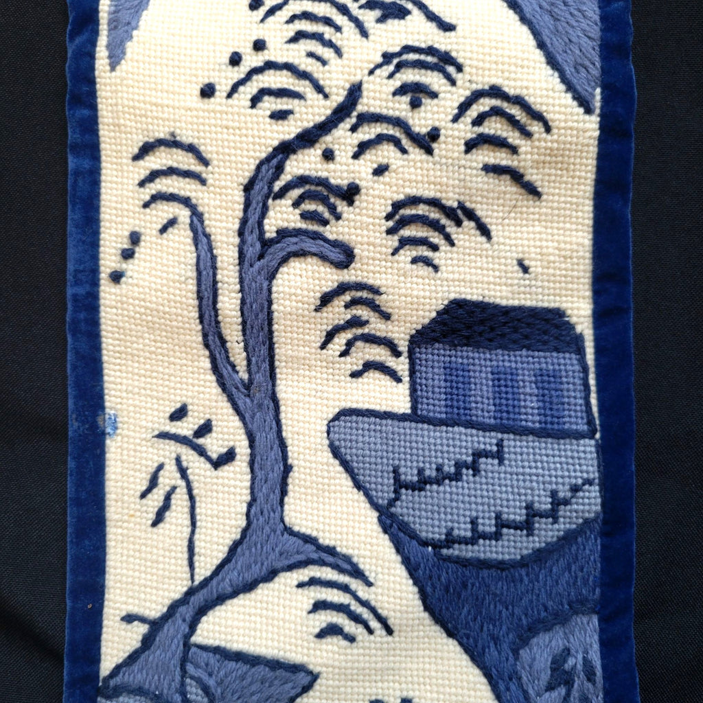 Vintage Chinoiserie Needlepoint Bell Pull Wall Hanging Asian Scene