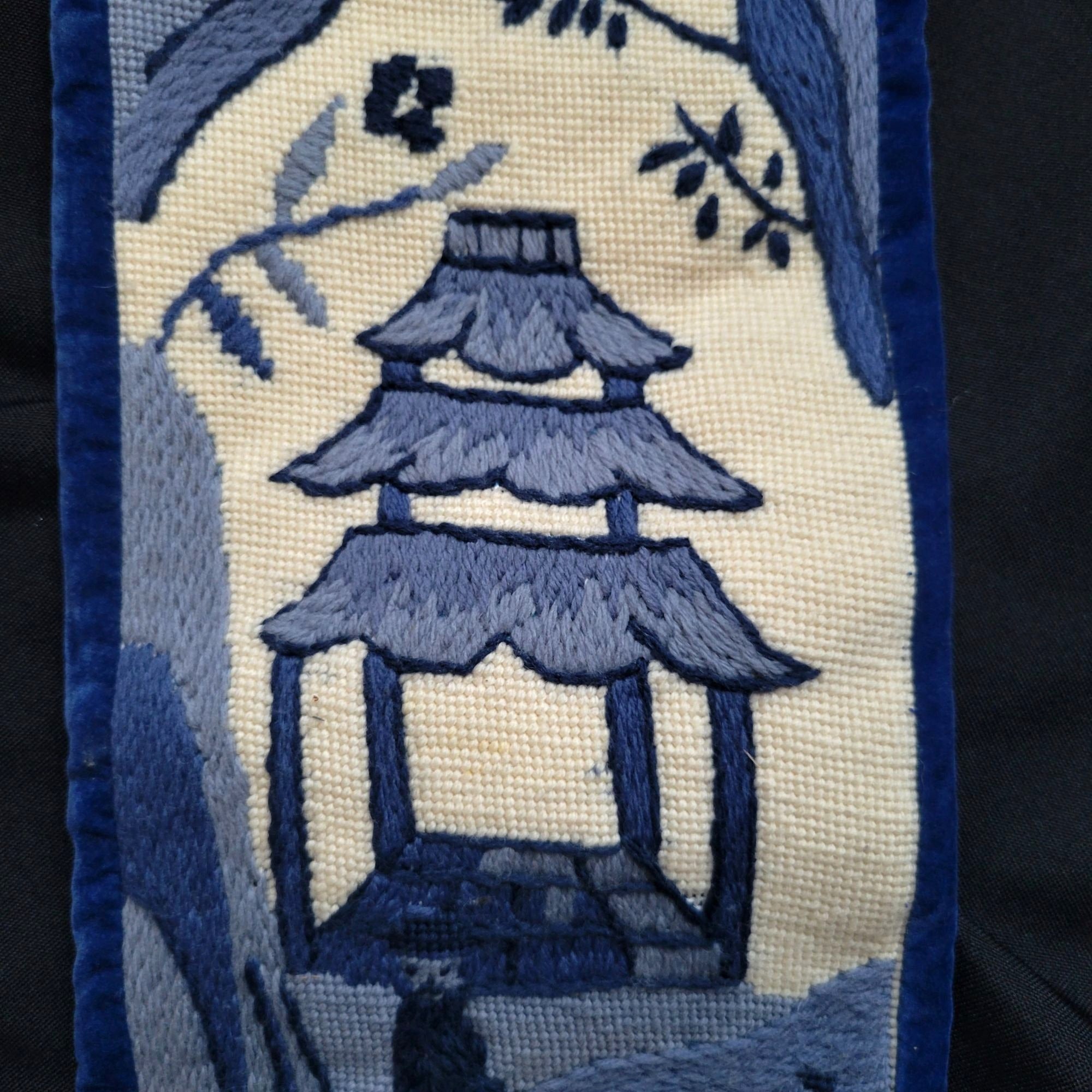 Vintage Chinoiserie Needlepoint Bell Pull Wall Hanging Asian Scene