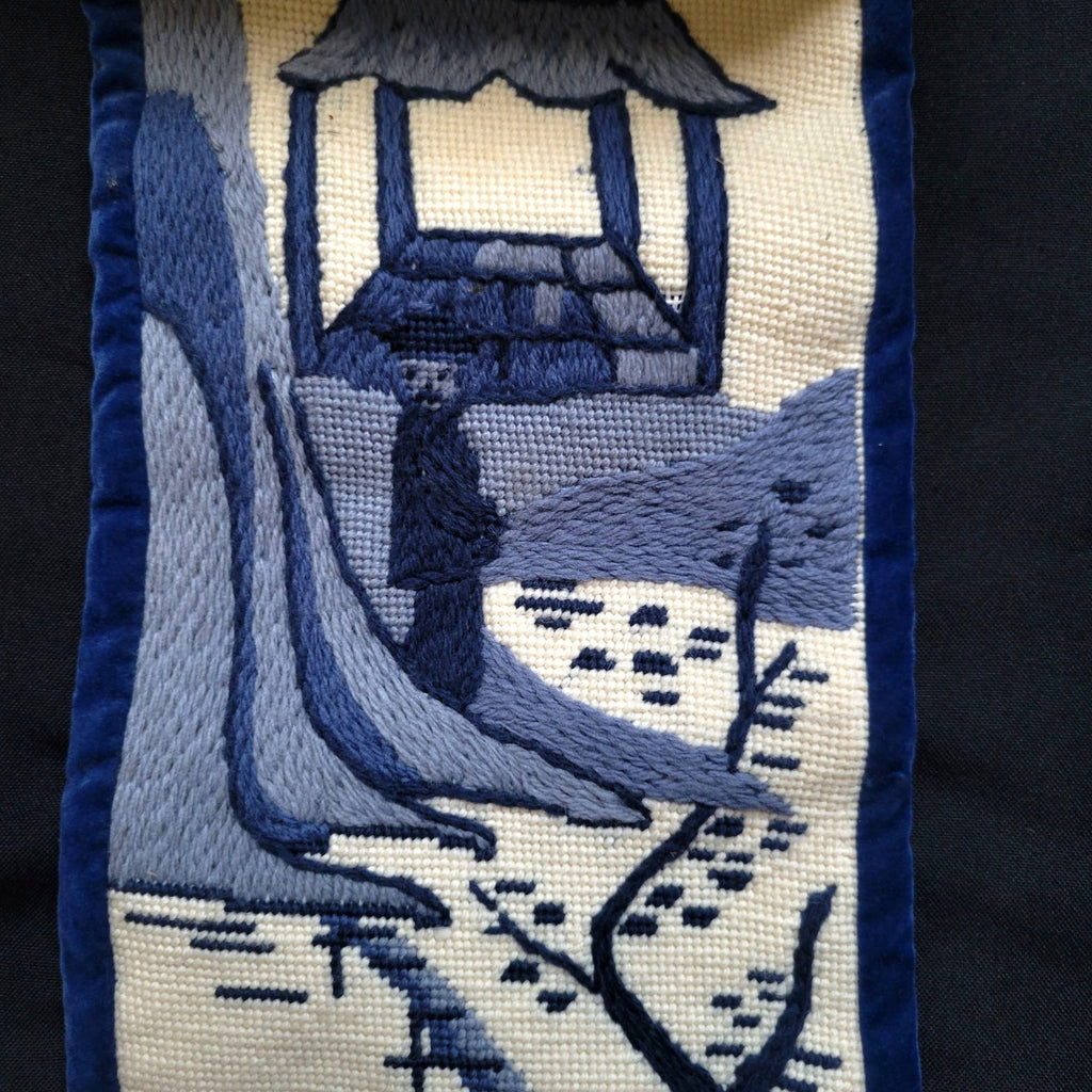 Vintage Chinoiserie Needlepoint Bell Pull Wall Hanging Asian Scene