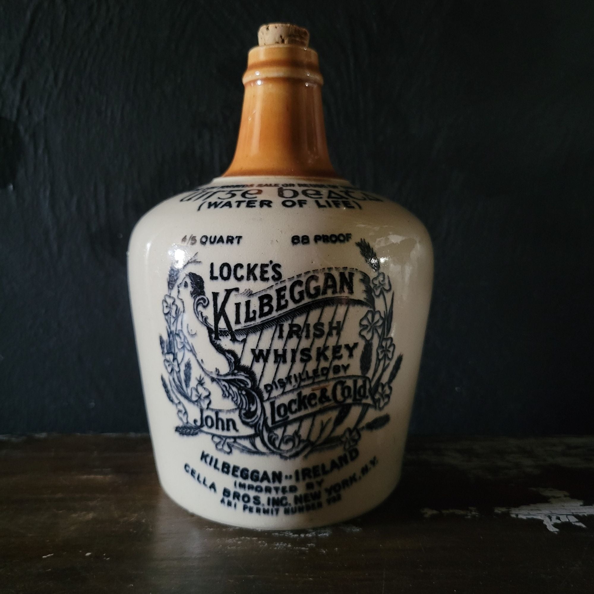 Locke's KILBEGGAN Whiskey Stoneware Jug for US Export Cella Brothers NY EMPTY