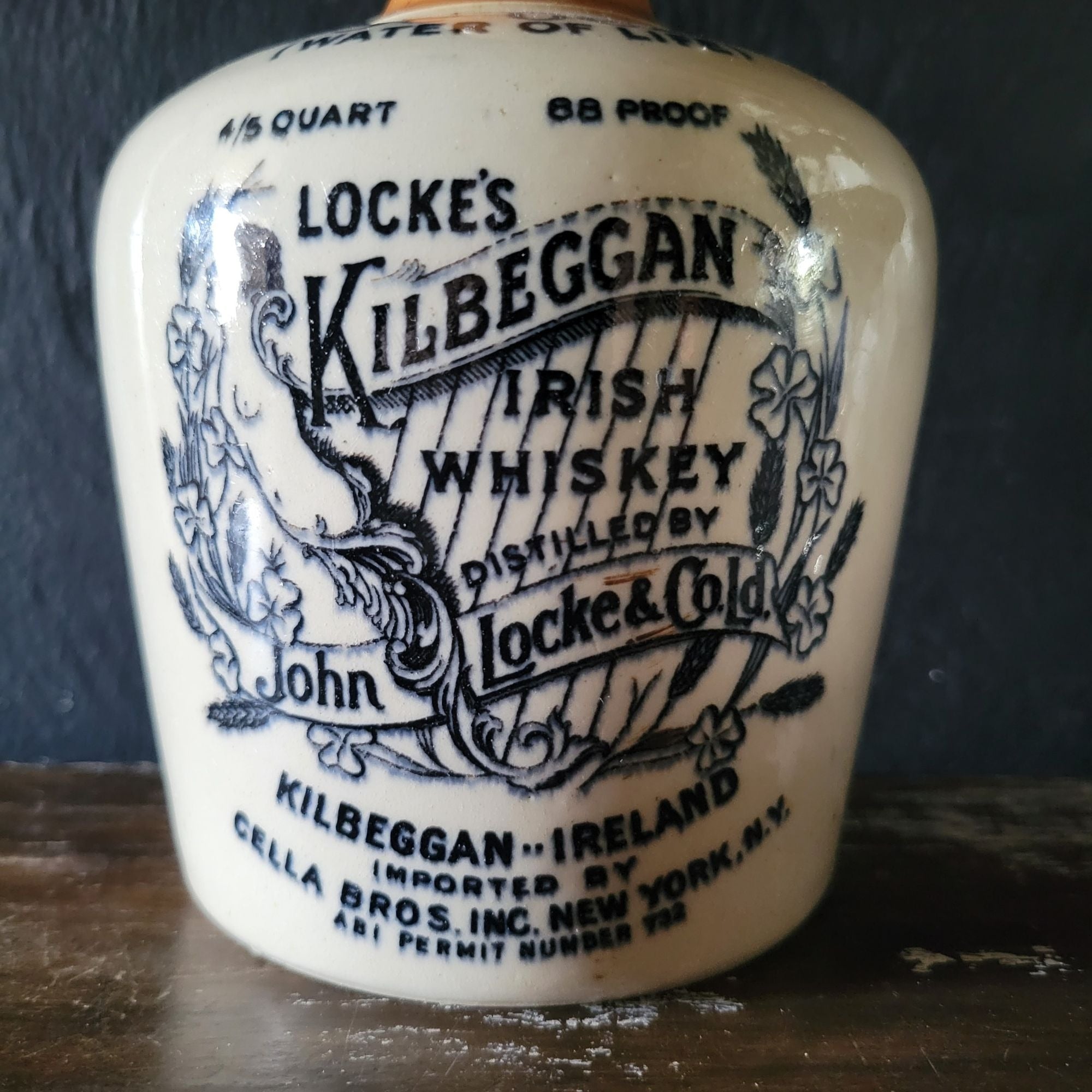 Locke's KILBEGGAN Whiskey Stoneware Jug for US Export Cella Brothers NY EMPTY