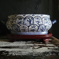 Vintage Blue & White Chinoiserie Double-Handle Porcelain Foot Bath w/Wood Stand