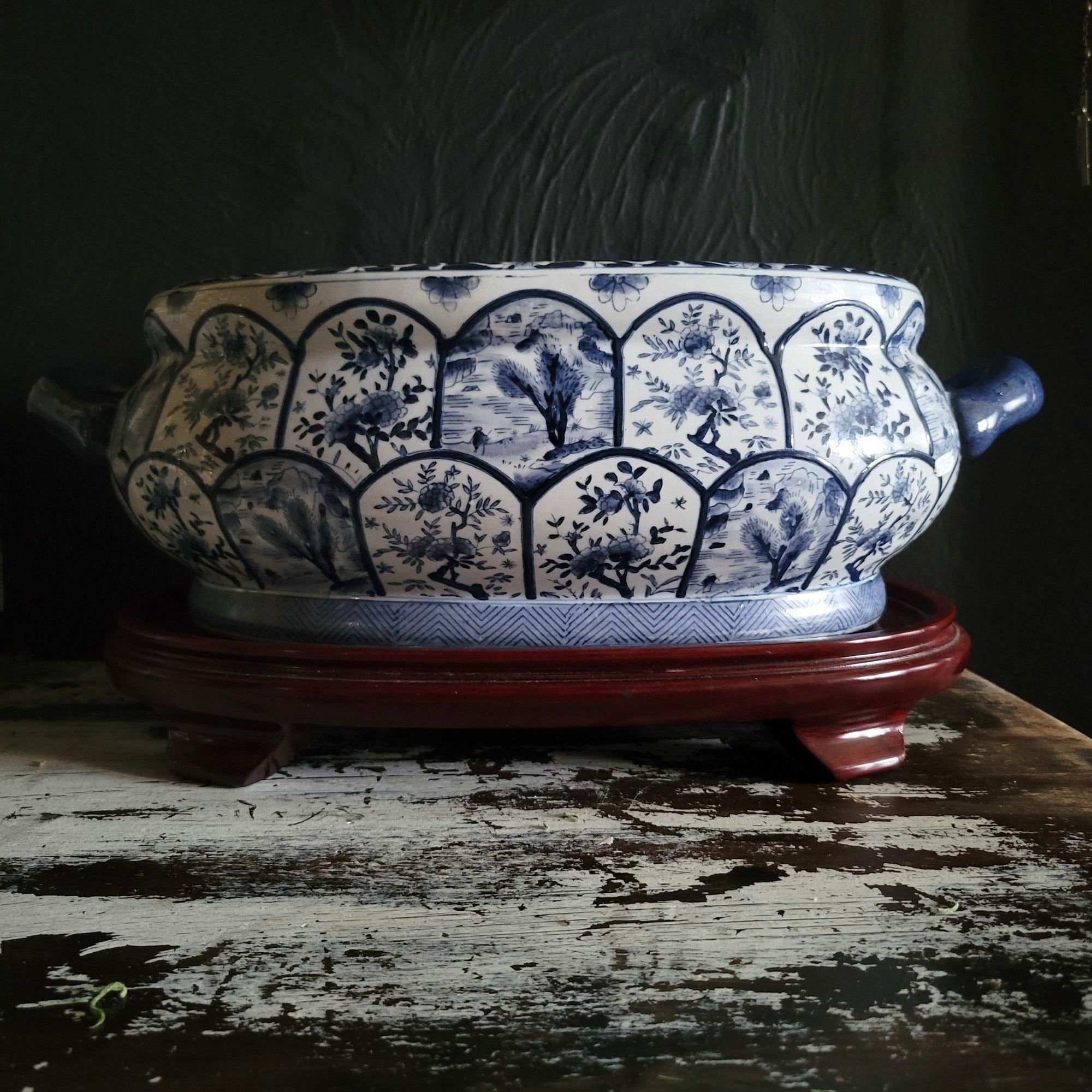 Vintage Blue & White Chinoiserie Double-Handle Porcelain Foot Bath w/Wood Stand