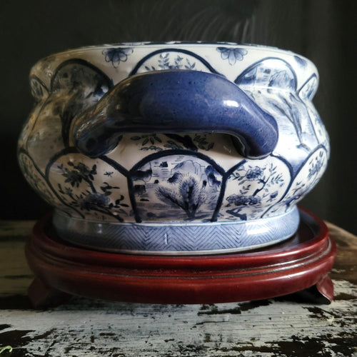 Vintage Blue & White Chinoiserie Double-Handle Porcelain Foot Bath w/Wood Stand