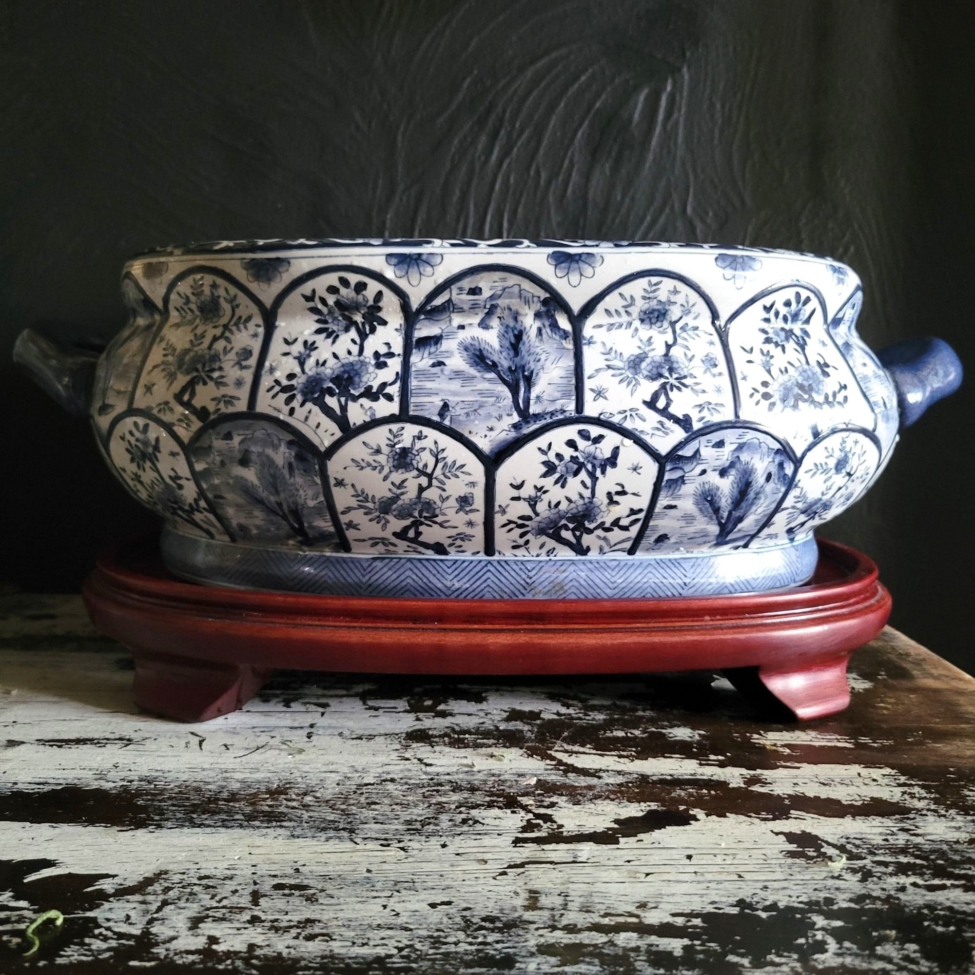 Vintage Blue & White Chinoiserie Double-Handle Porcelain Foot Bath w/Wood Stand