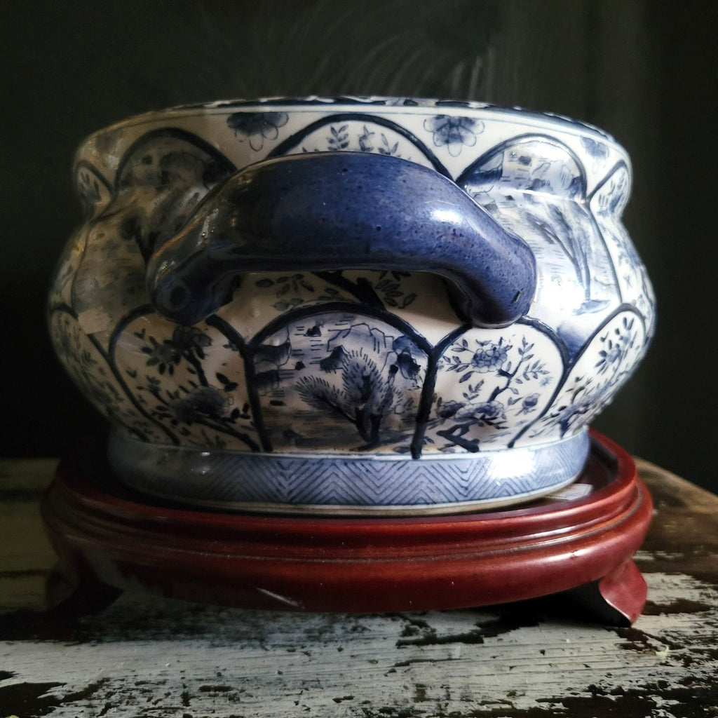 Vintage Blue & White Chinoiserie Double-Handle Porcelain Foot Bath w/Wood Stand