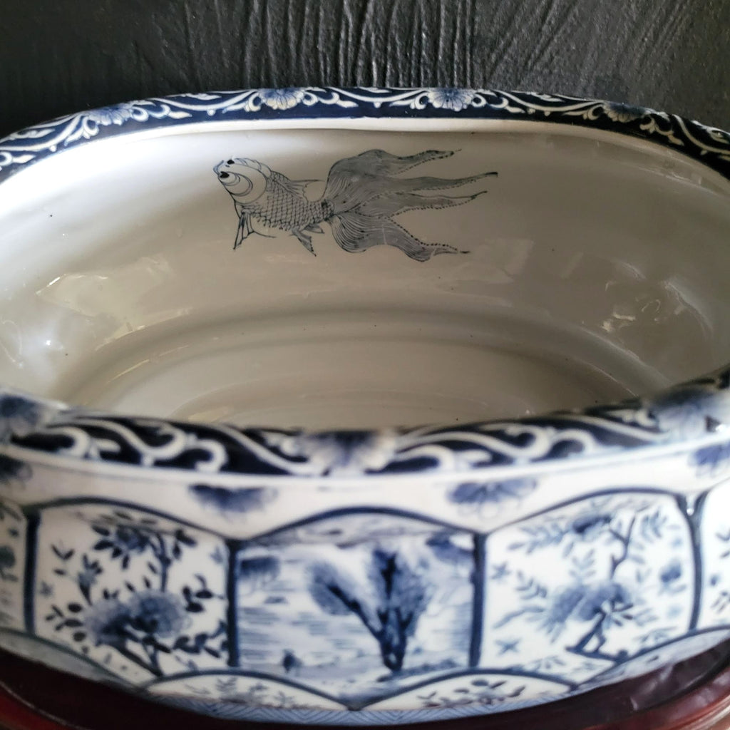 Vintage Blue & White Chinoiserie Double-Handle Porcelain Foot Bath w/Wood Stand