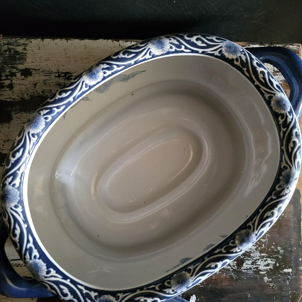 Vintage Blue & White Chinoiserie Double-Handle Porcelain Foot Bath w/Wood Stand