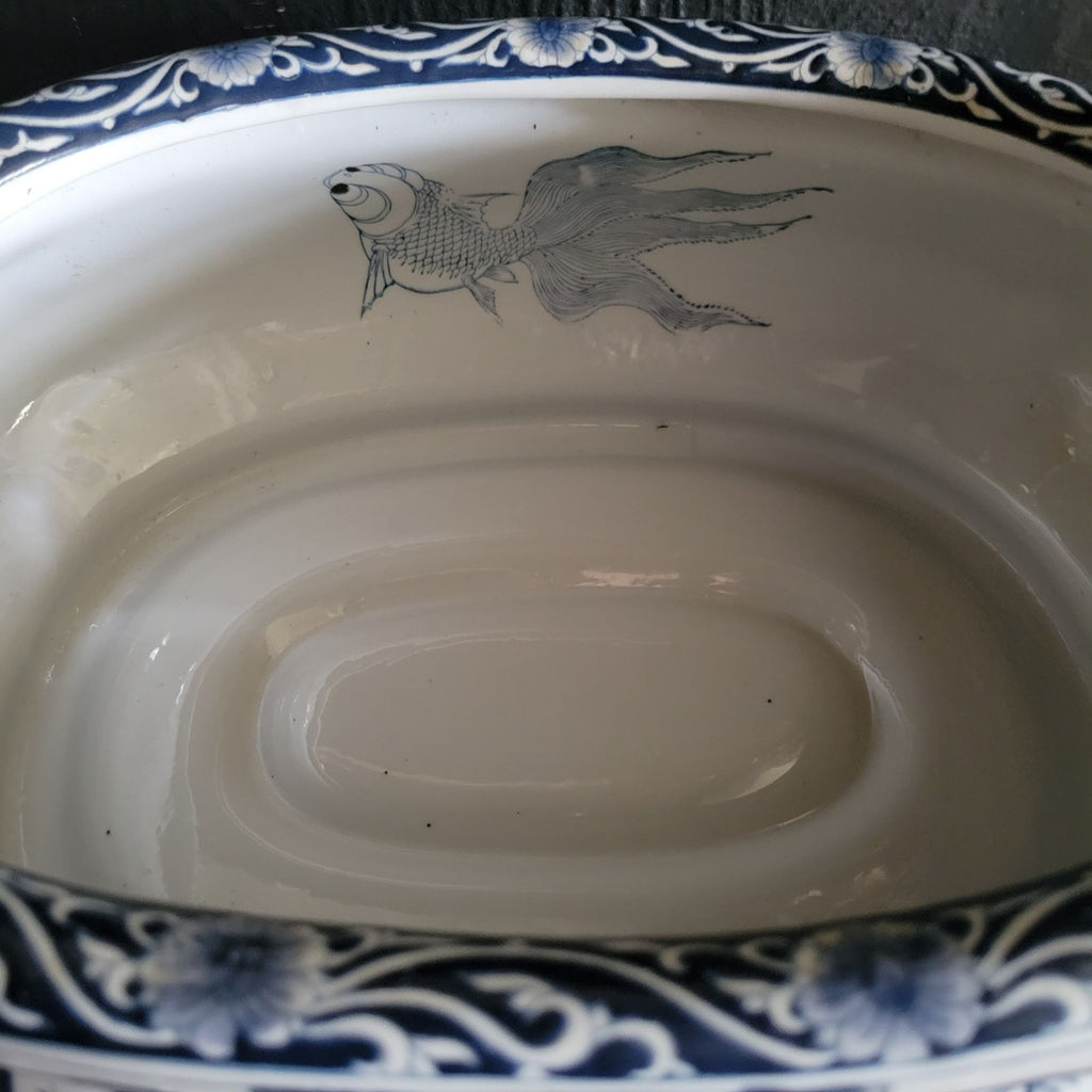 Vintage Blue & White Chinoiserie Double-Handle Porcelain Foot Bath w/Wood Stand
