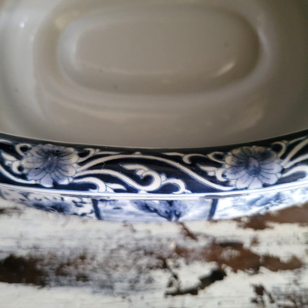 Vintage Blue & White Chinoiserie Double-Handle Porcelain Foot Bath w/Wood Stand