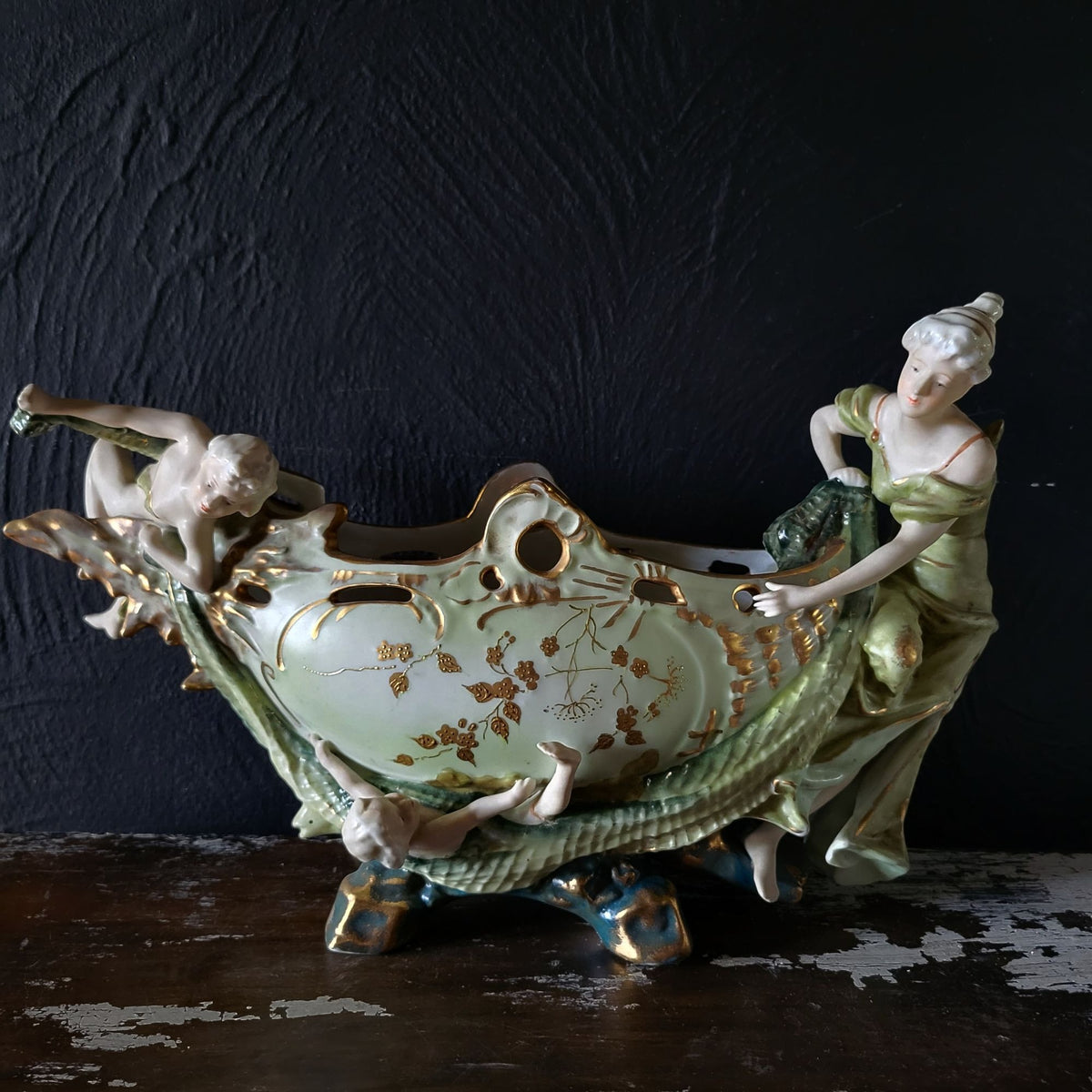 Antique Porcelain Figural Centerpiece Woman and Children Fishnet Planter *Read