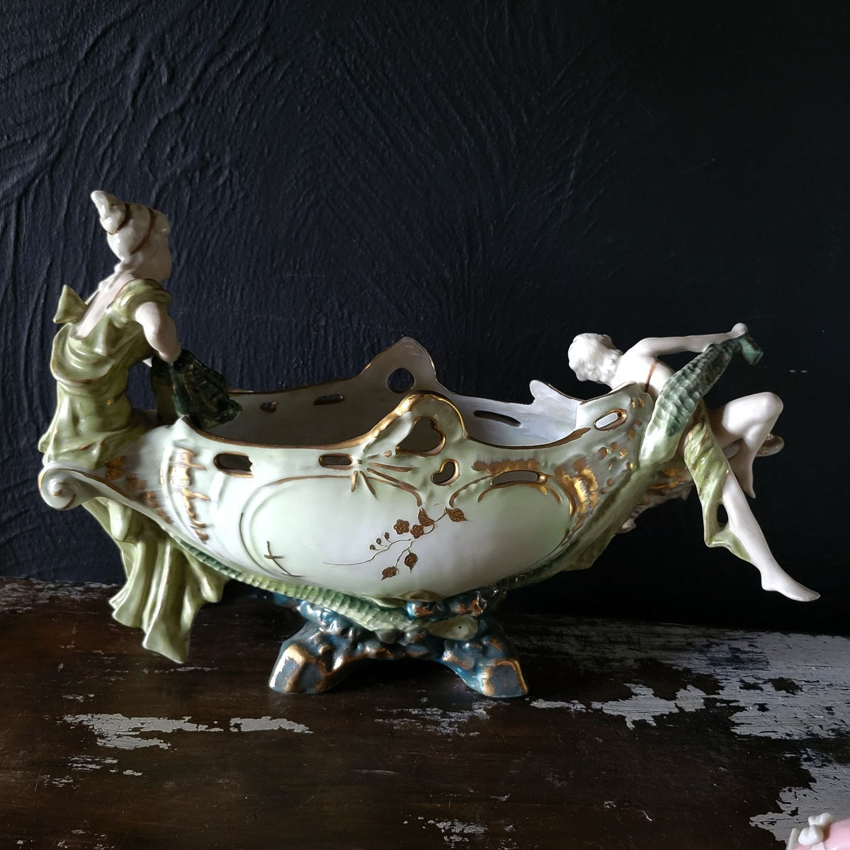 Antique Porcelain Figural Centerpiece Woman and Children Fishnet Planter *Read