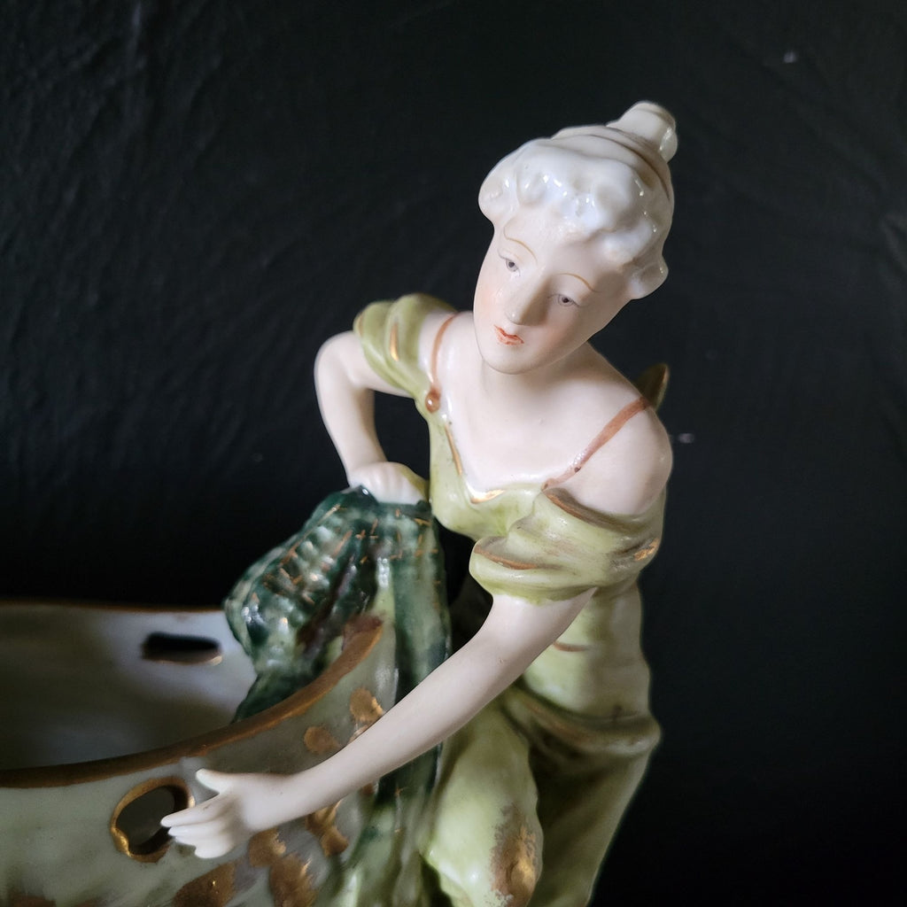 Antique Porcelain Figural Centerpiece Woman and Children Fishnet Planter *Read