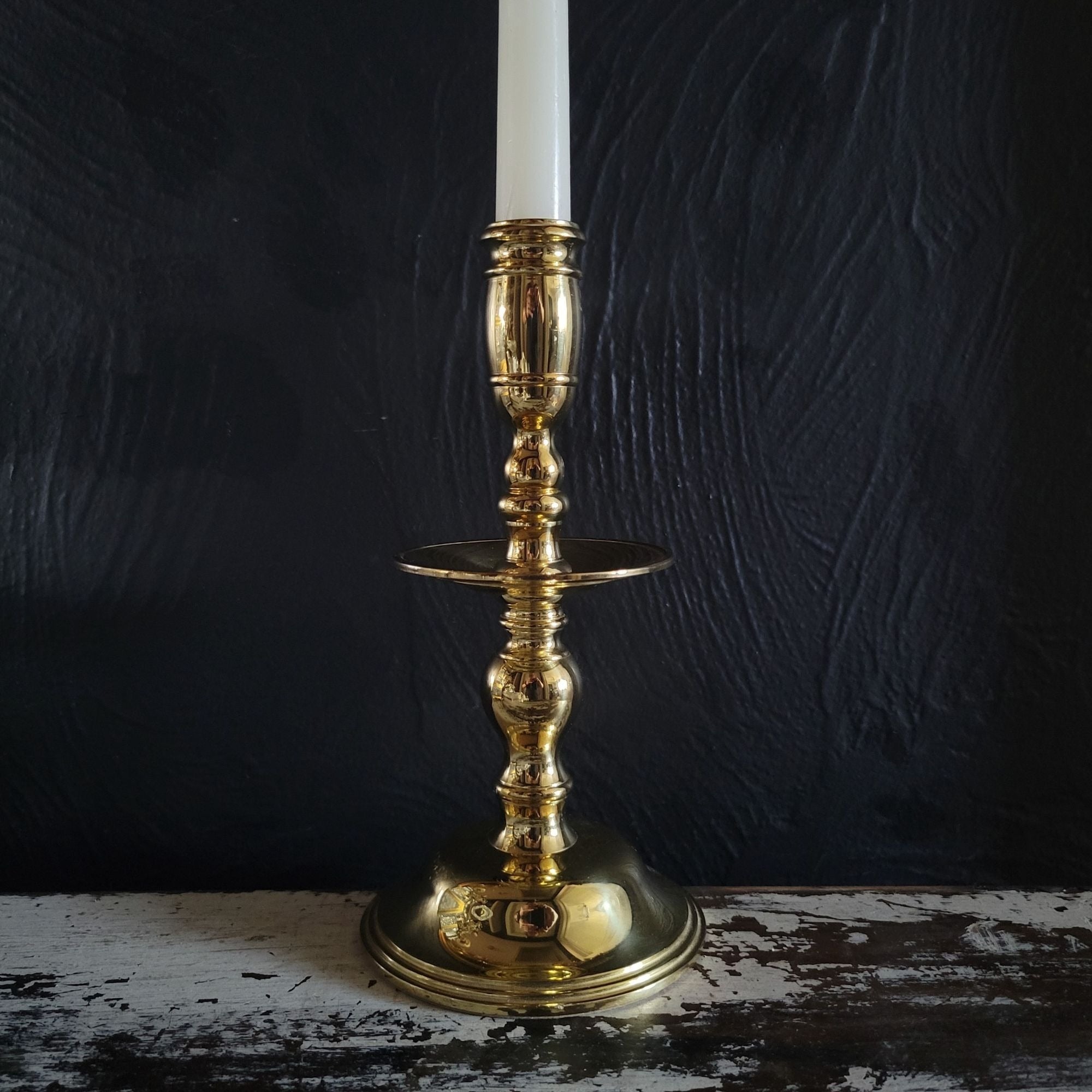 Vtg Baldwin Solid Brass Candlestick w/ Midway Drip Tray 17th-C Heemskerk Design