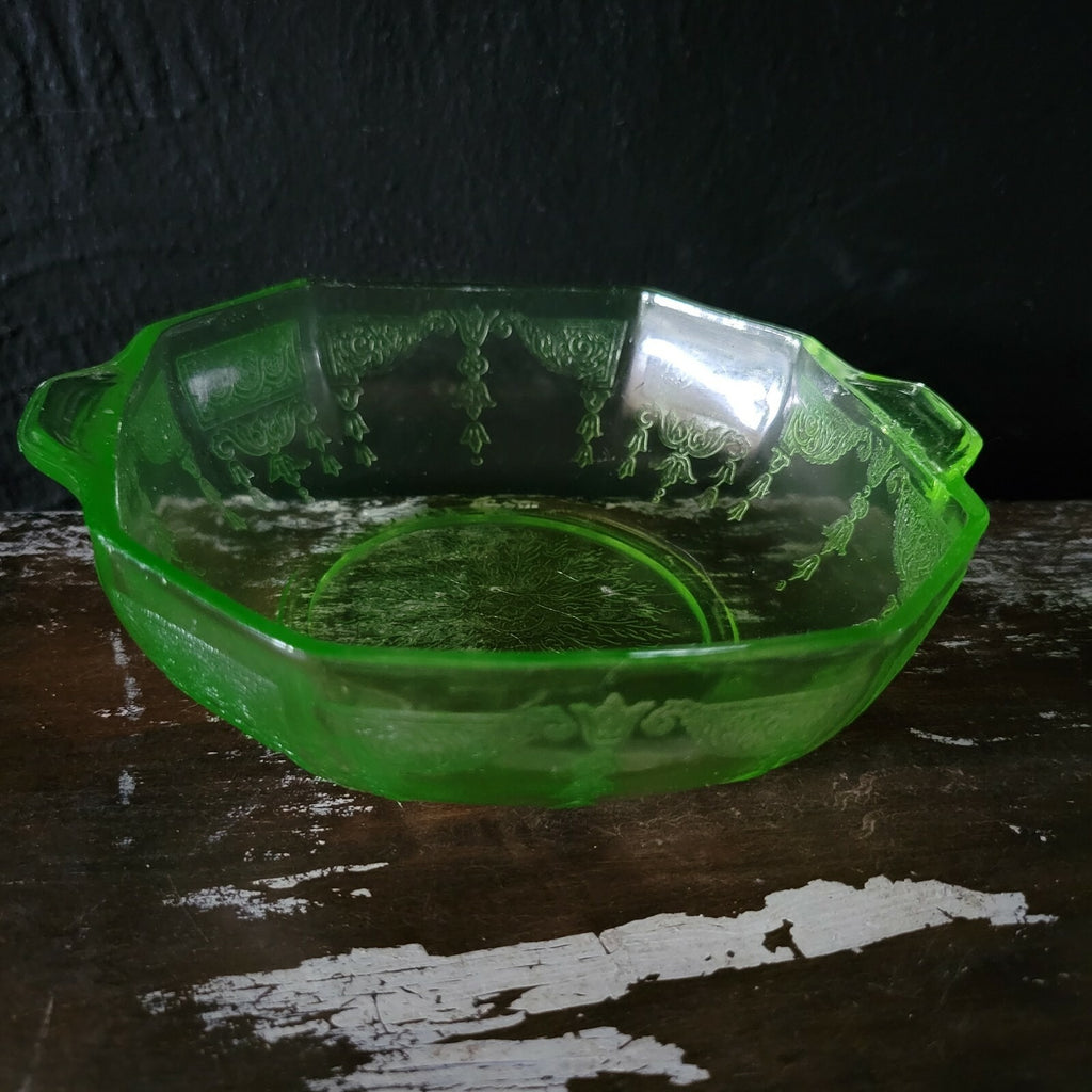 3 Anchor Hocking Princess Pattern Green Depression Glass Octagonal Uranium Bowls