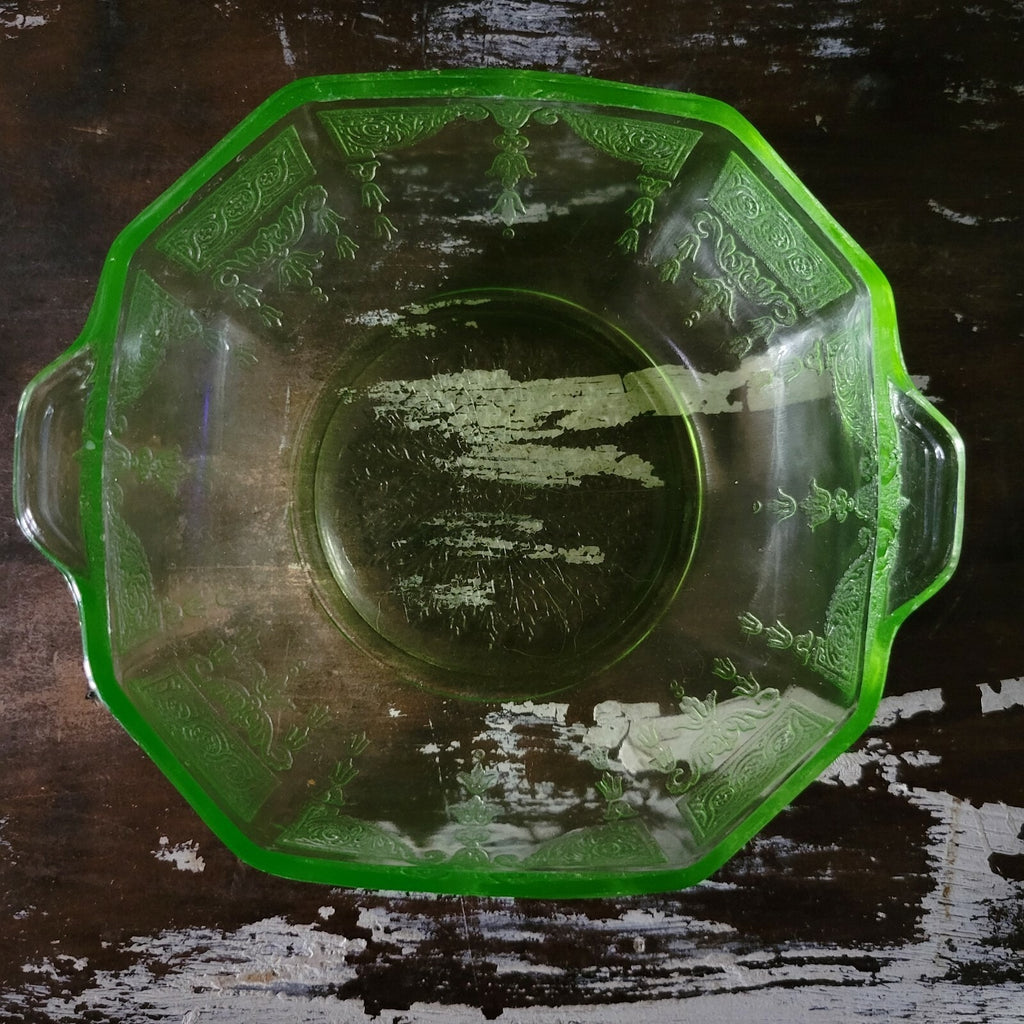 3 Anchor Hocking Princess Pattern Green Depression Glass Octagonal Uranium Bowls