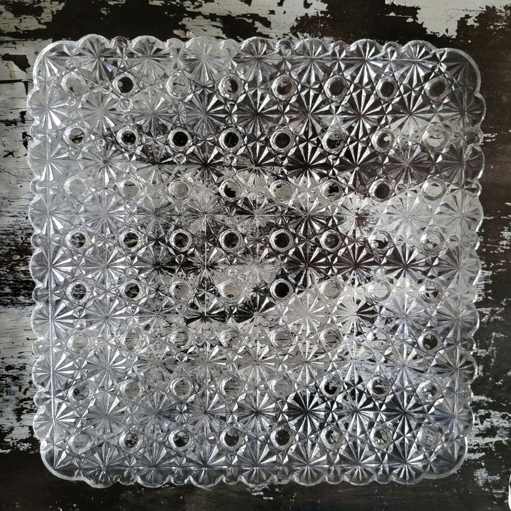 Vintage L.G. Wright Glass 7" Clear Square Glass Salad Plate Daisy And Button