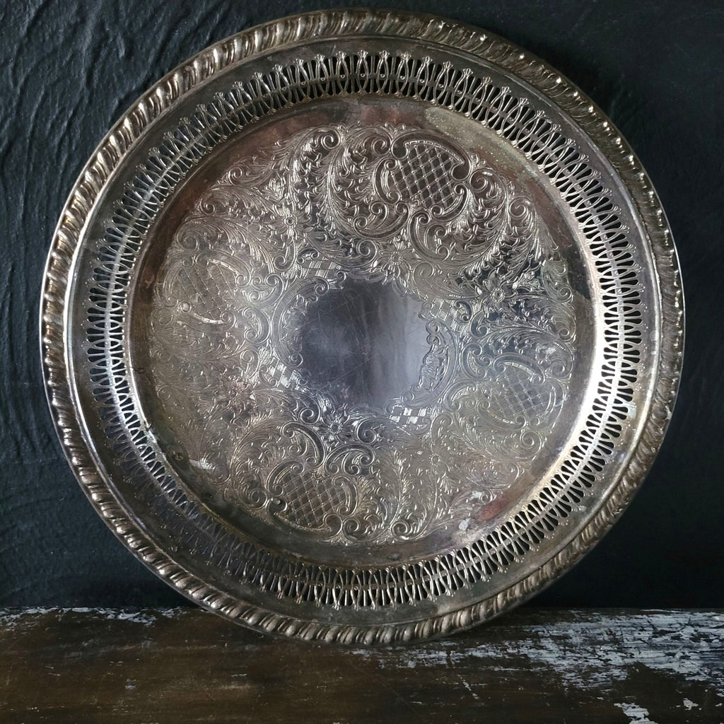 Vtg Leonard Silverplate Round Serving Tray Reticulated Rim and Scrollwork 12.375"
