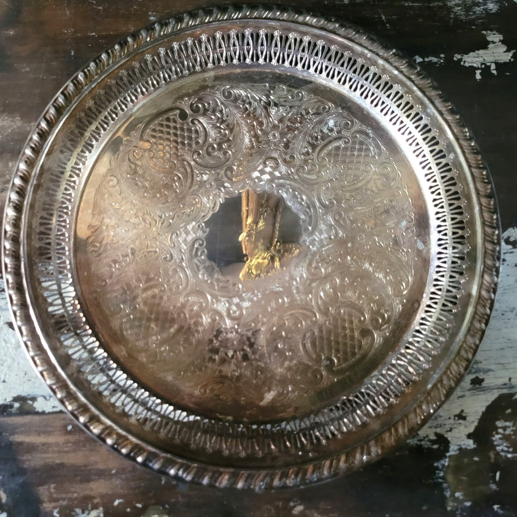 Vtg Leonard Silverplate Round Serving Tray Reticulated Rim and Scrollwork 12.375"