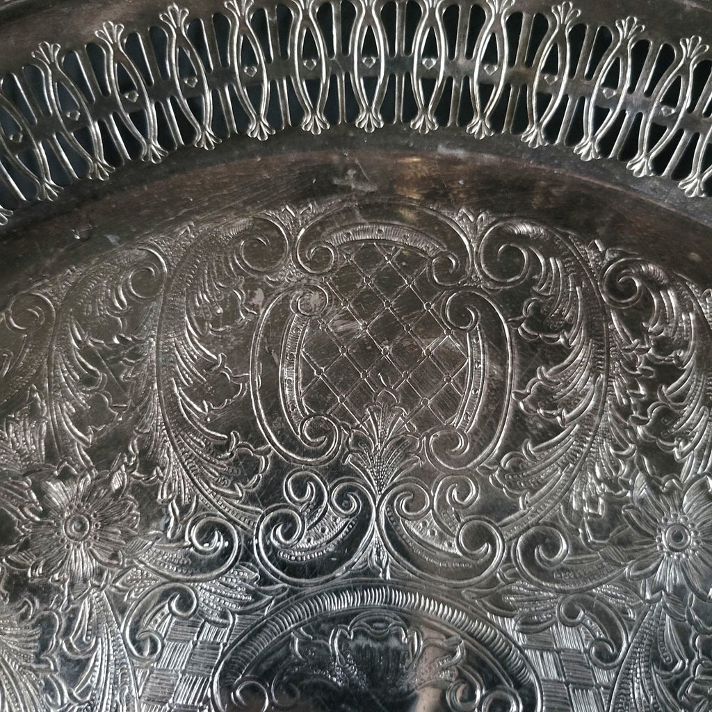 Vtg Leonard Silverplate Round Serving Tray Reticulated Rim and Scrollwork 12.375"
