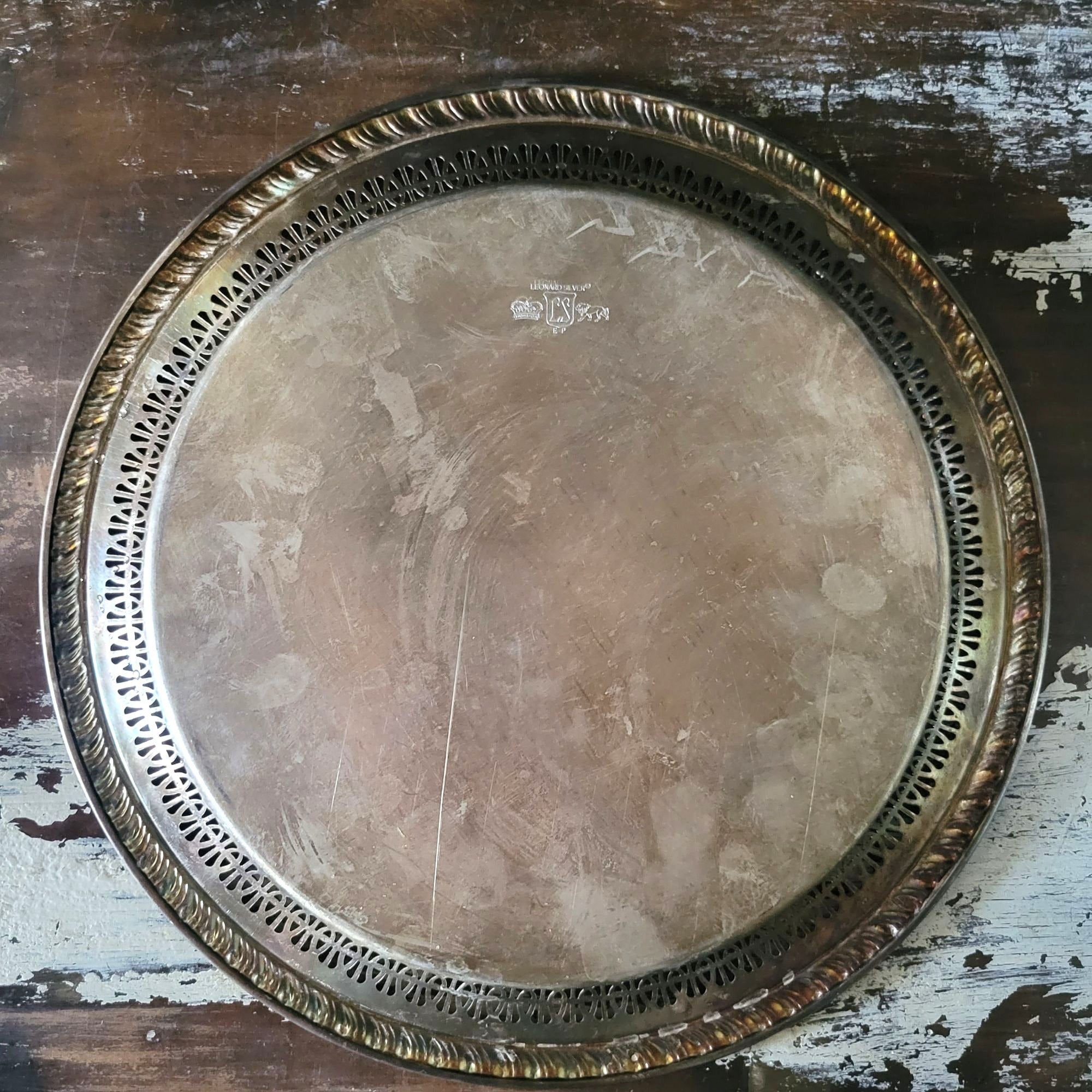 Vtg Leonard Silverplate Round Serving Tray Reticulated Rim and Scrollwork 12.375"