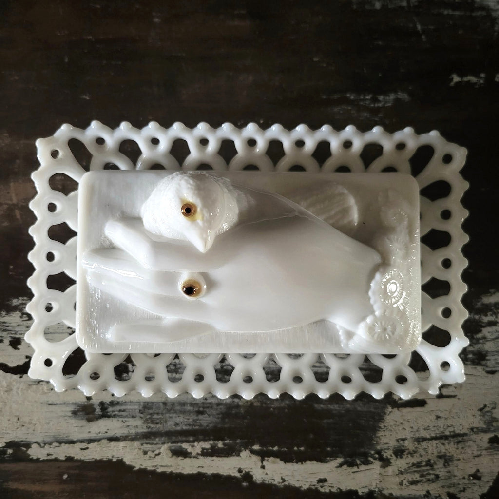 Vintage Westmoreland Bird and Hand White Milk Glass Box Glove Box with Lid