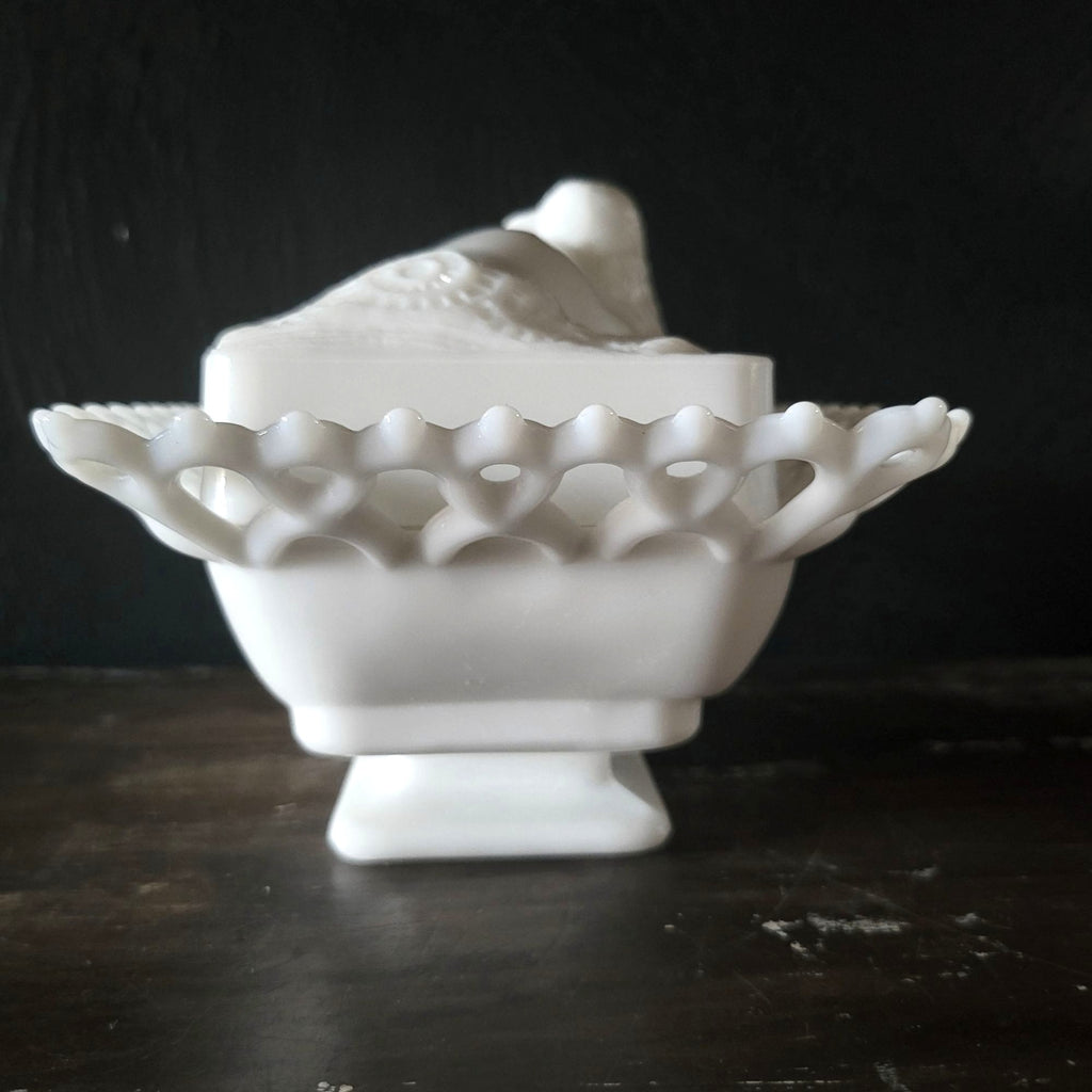 Vintage Westmoreland Bird and Hand White Milk Glass Box Glove Box with Lid
