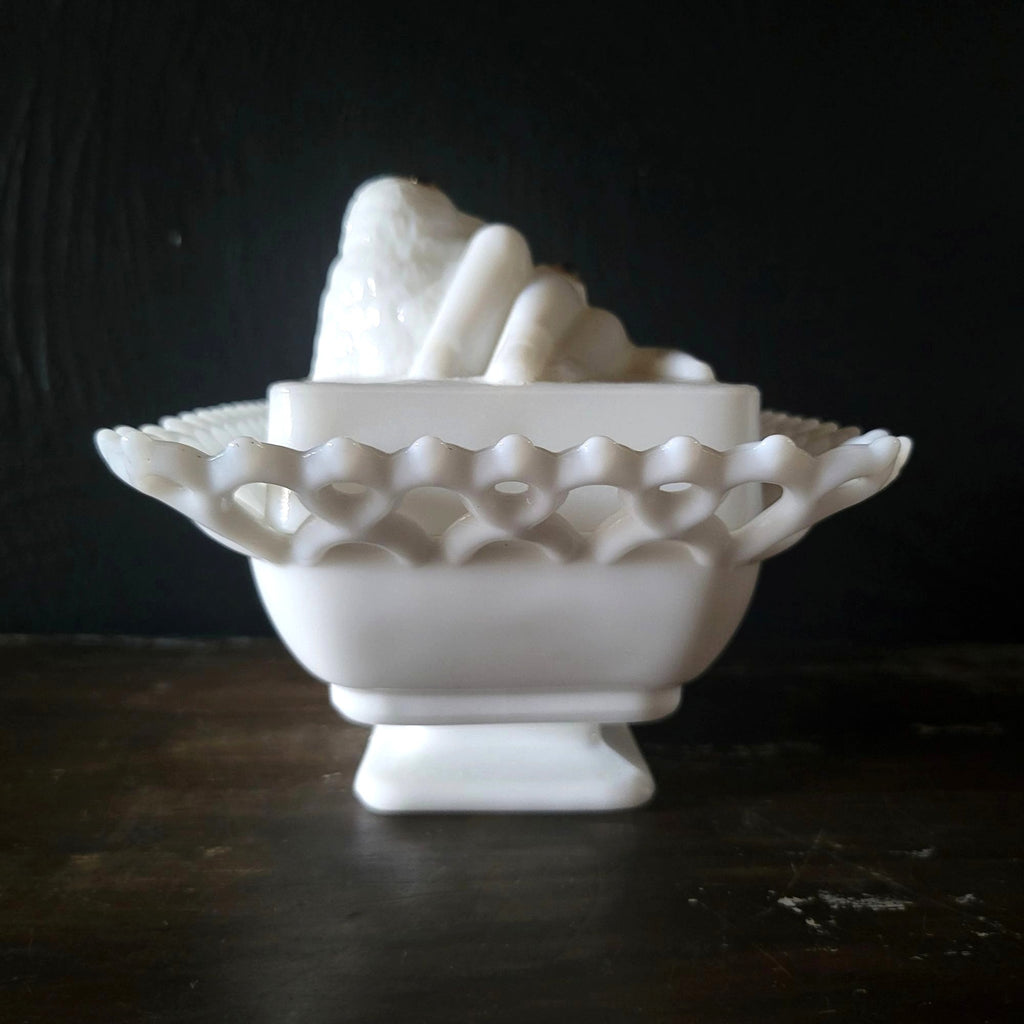 Vintage Westmoreland Bird and Hand White Milk Glass Box Glove Box with Lid