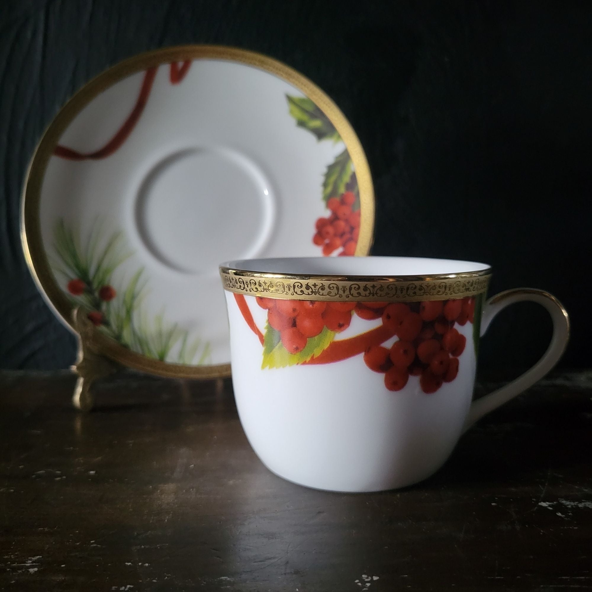 Charter Club Fashion Buffet Holly and Pine Flat Cup & Saucer Set Christmas China