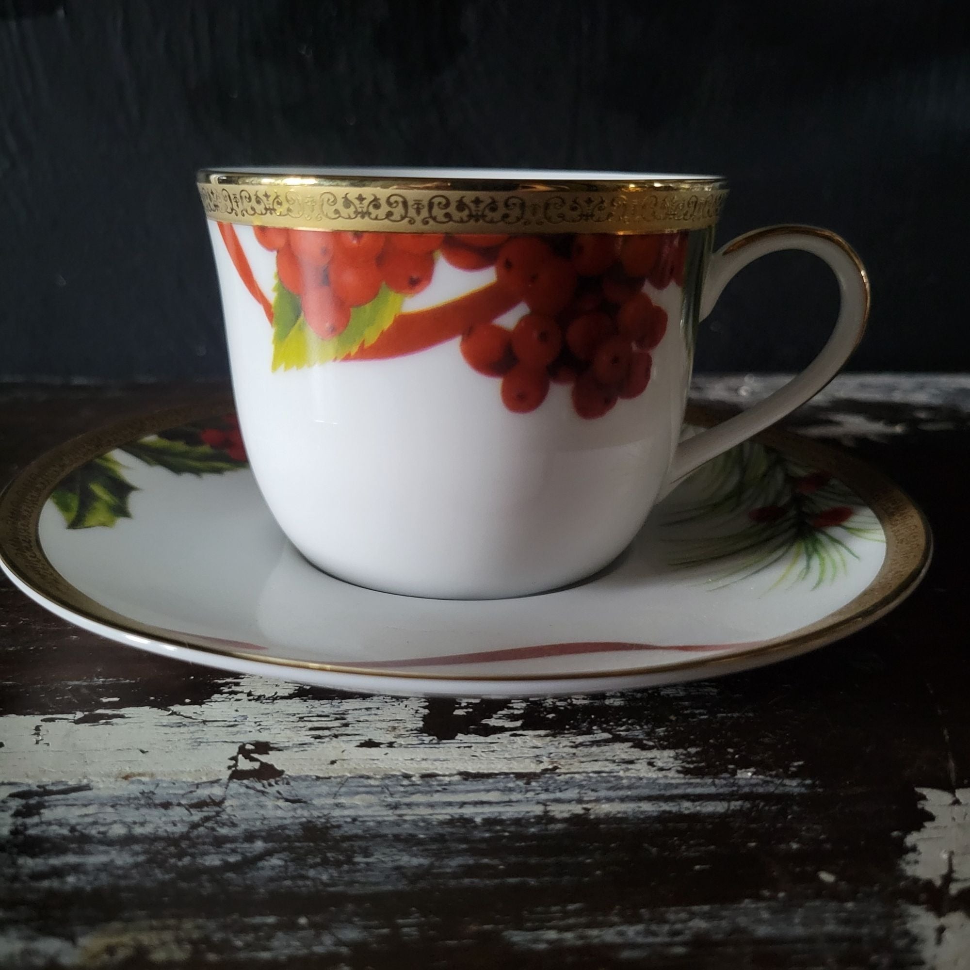Charter Club Fashion Buffet Holly and Pine Flat Cup & Saucer Set Christmas China