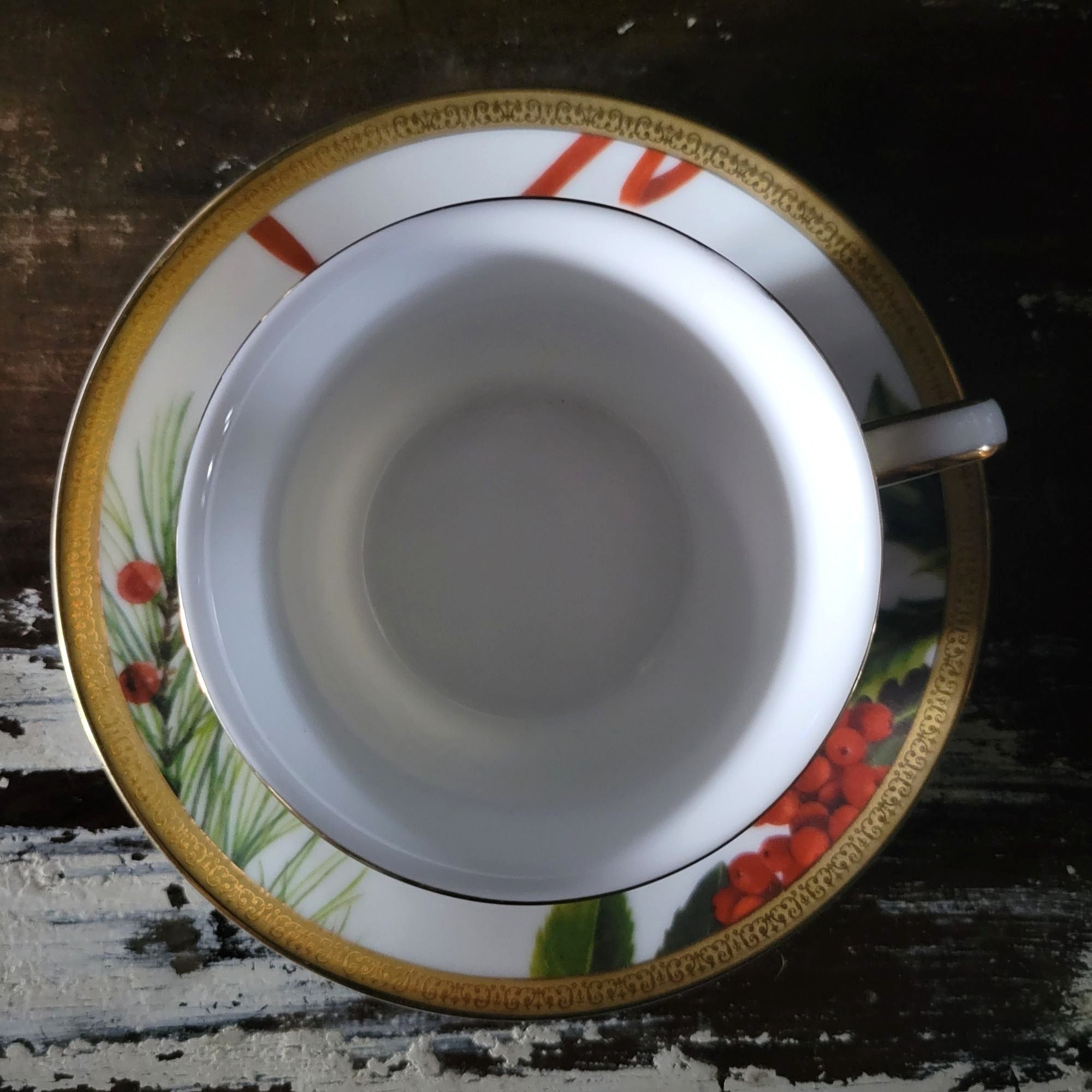 Charter Club Fashion Buffet Holly and Pine Flat Cup & Saucer Set Christmas China