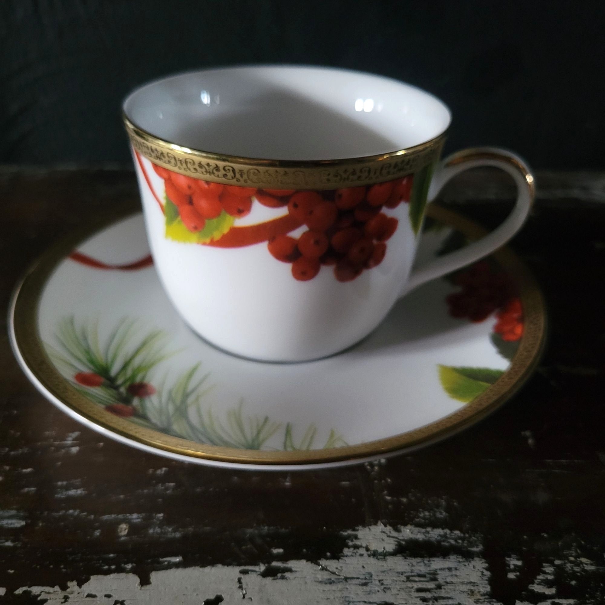 Charter Club Fashion Buffet Holly and Pine Flat Cup & Saucer Set Christmas China