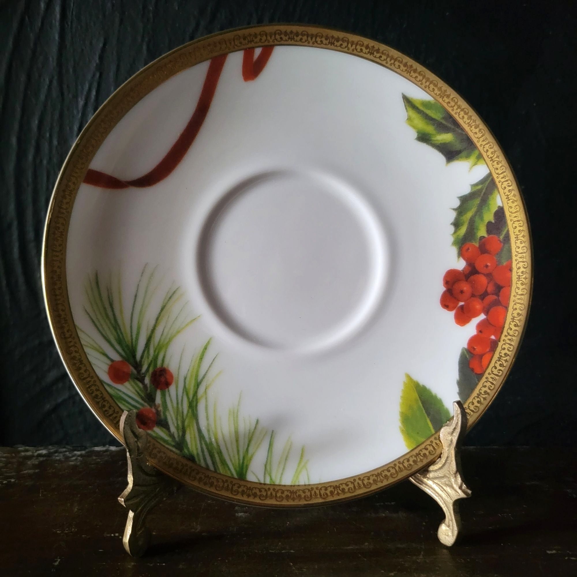 Charter Club Fashion Buffet Holly and Pine Flat Cup & Saucer Set Christmas China