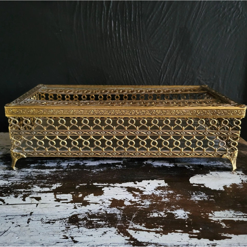 Vintage Hollywood Regency Filigree Footed Tissue Box Holder Rectangular