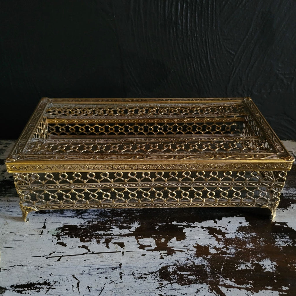 Vintage Hollywood Regency Filigree Footed Tissue Box Holder Rectangular