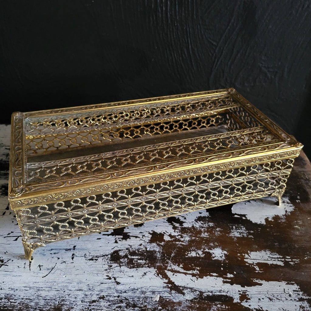 Vintage Hollywood Regency Filigree Footed Tissue Box Holder Rectangular