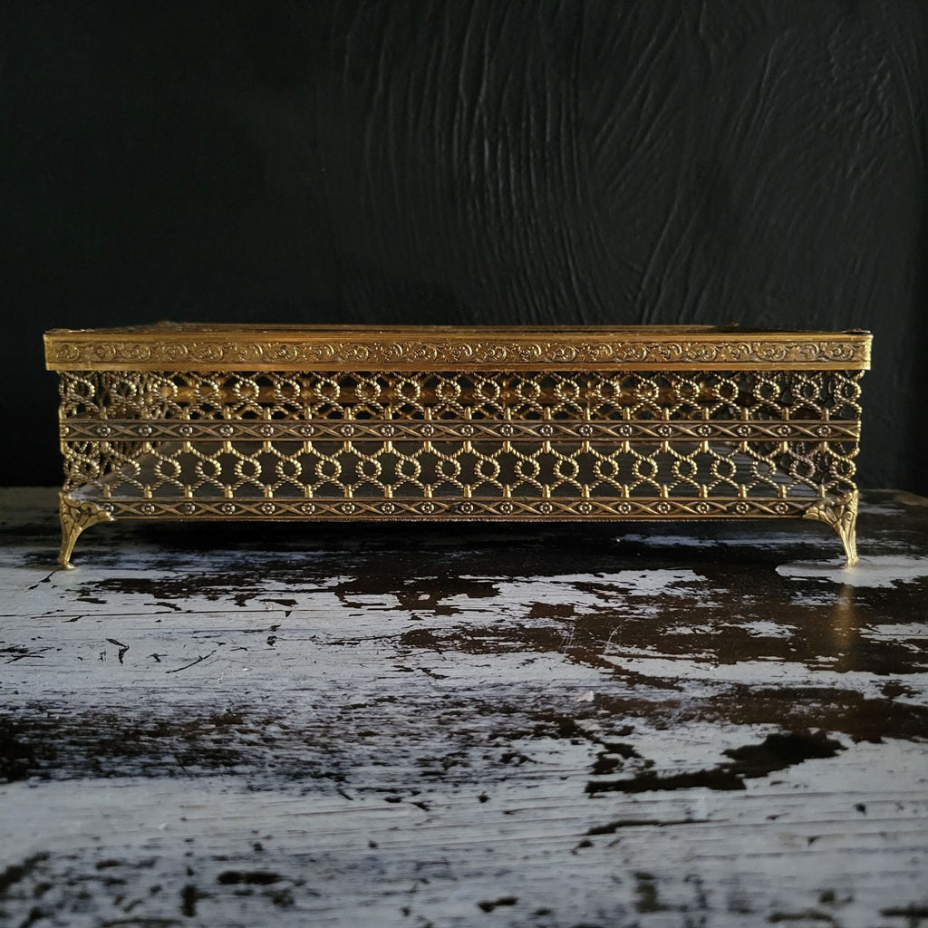 Vintage Hollywood Regency Filigree Footed Tissue Box Holder Rectangular