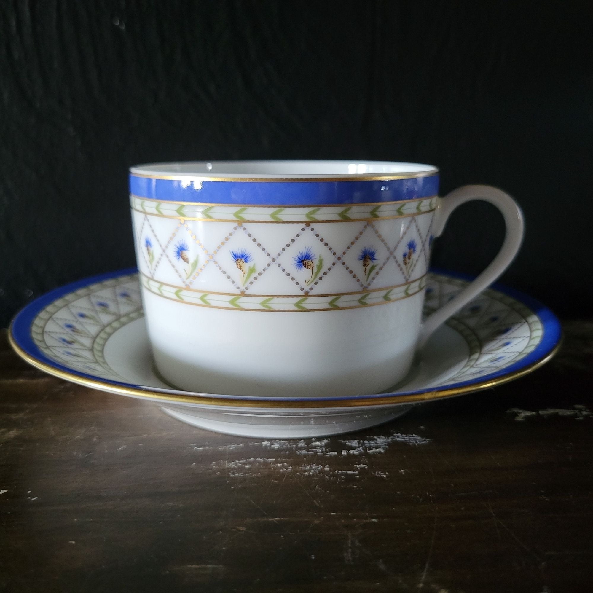 Haviland Limoges Val De Loire Blue Band Cornflower Pattern Flat Cup & Saucer Set