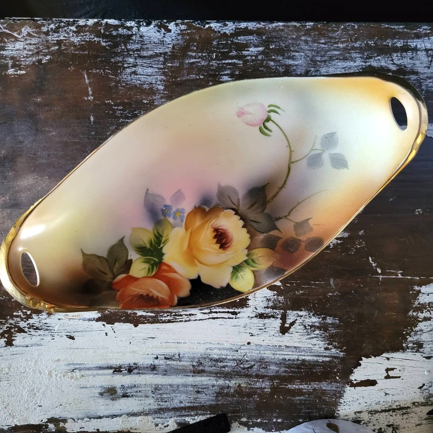 Antique 1920s Noritake Morimura Hand Painted Roses Oval Dish Celery Dish